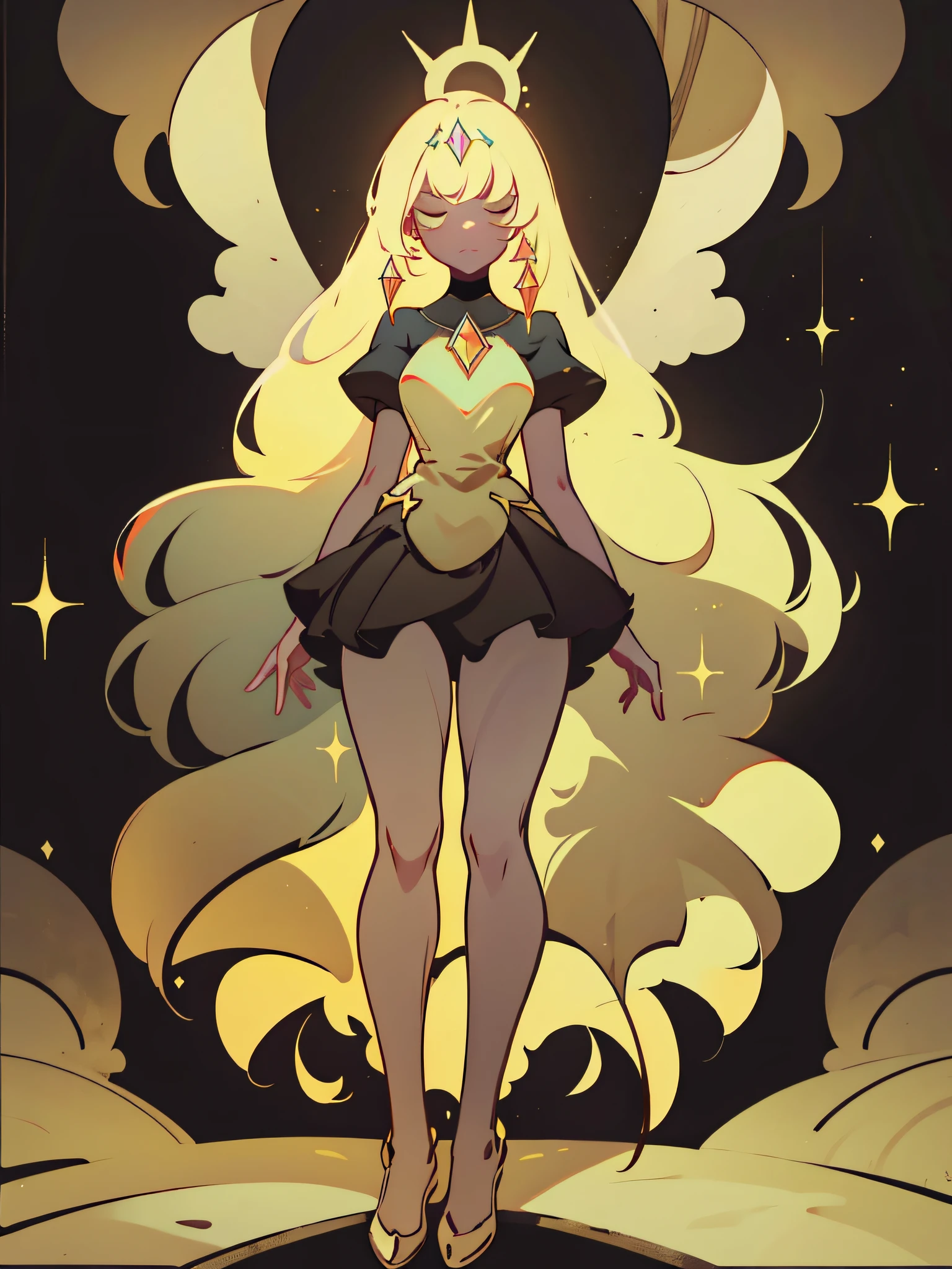 (best quality, masterpiece), 1 girl, yellow diamonds mineral, beautiful full body concept art, simple dark background, looking at viewer, gold long hair, mineral, (straight long legs:1.4), a skirt that covers the thighs, sleek glass thickness, transparent, cinematic lighting, rendering, 4K, --niji 5