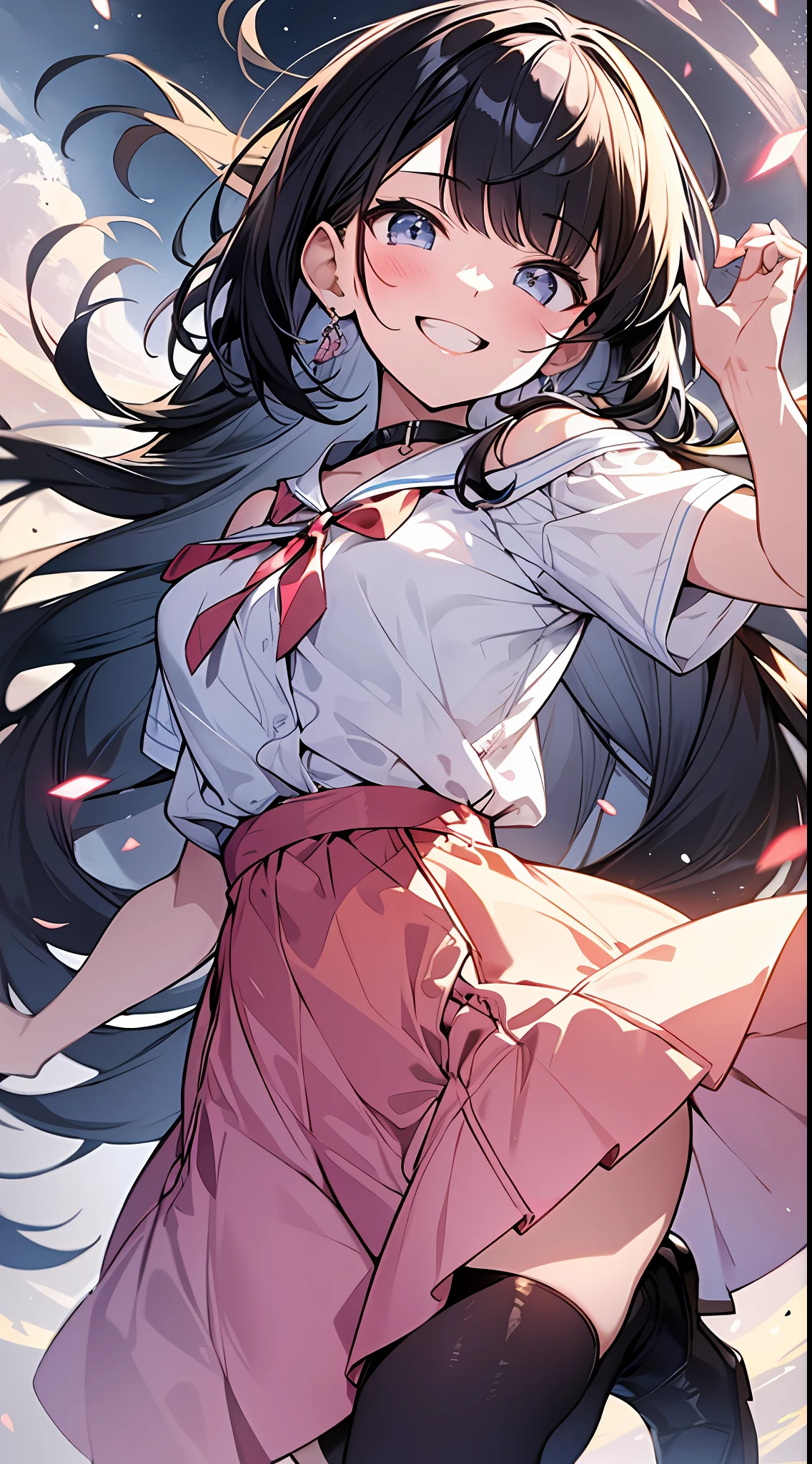 Top Quality, Masterpiece, High Resolution, 8k, Pastel Color, Anime Style Girl with Light Shirt and Skirt, One Girl, Pretty, Detailed Line Art, Bright White and Bright Amber Style, Frolic, Digital Enhancement, Close Up, Anime Core, Flowing Fabric, Hair length and short braids to the shoulders, Beautiful black hair, big smile, Full body angle
