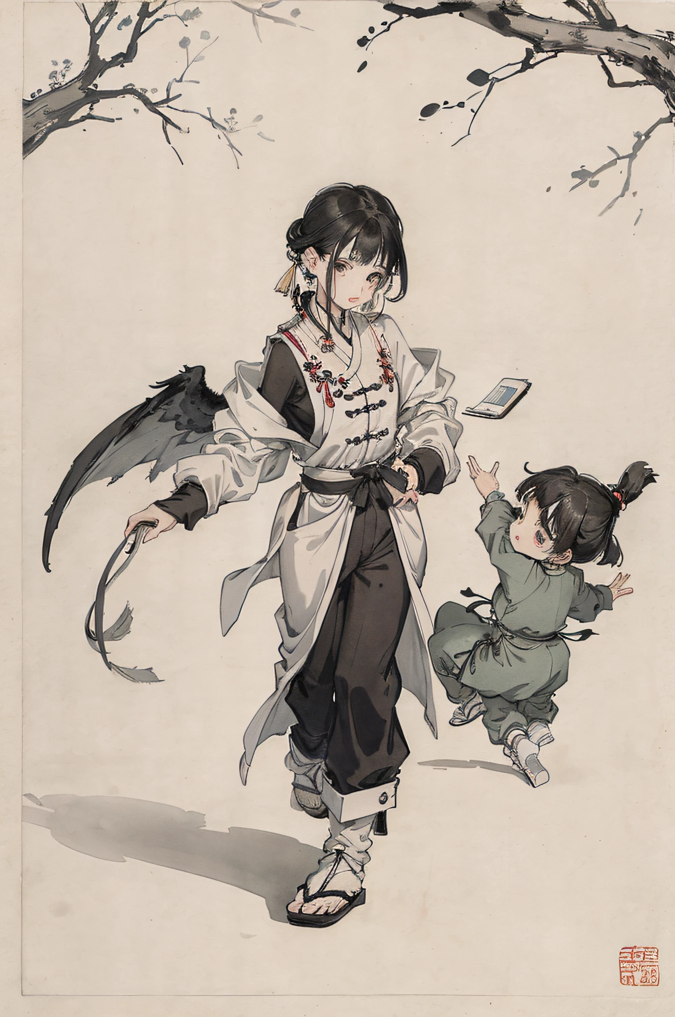 (masterpiece, best quality: 1.2), traditional Chinese ink painting, two children