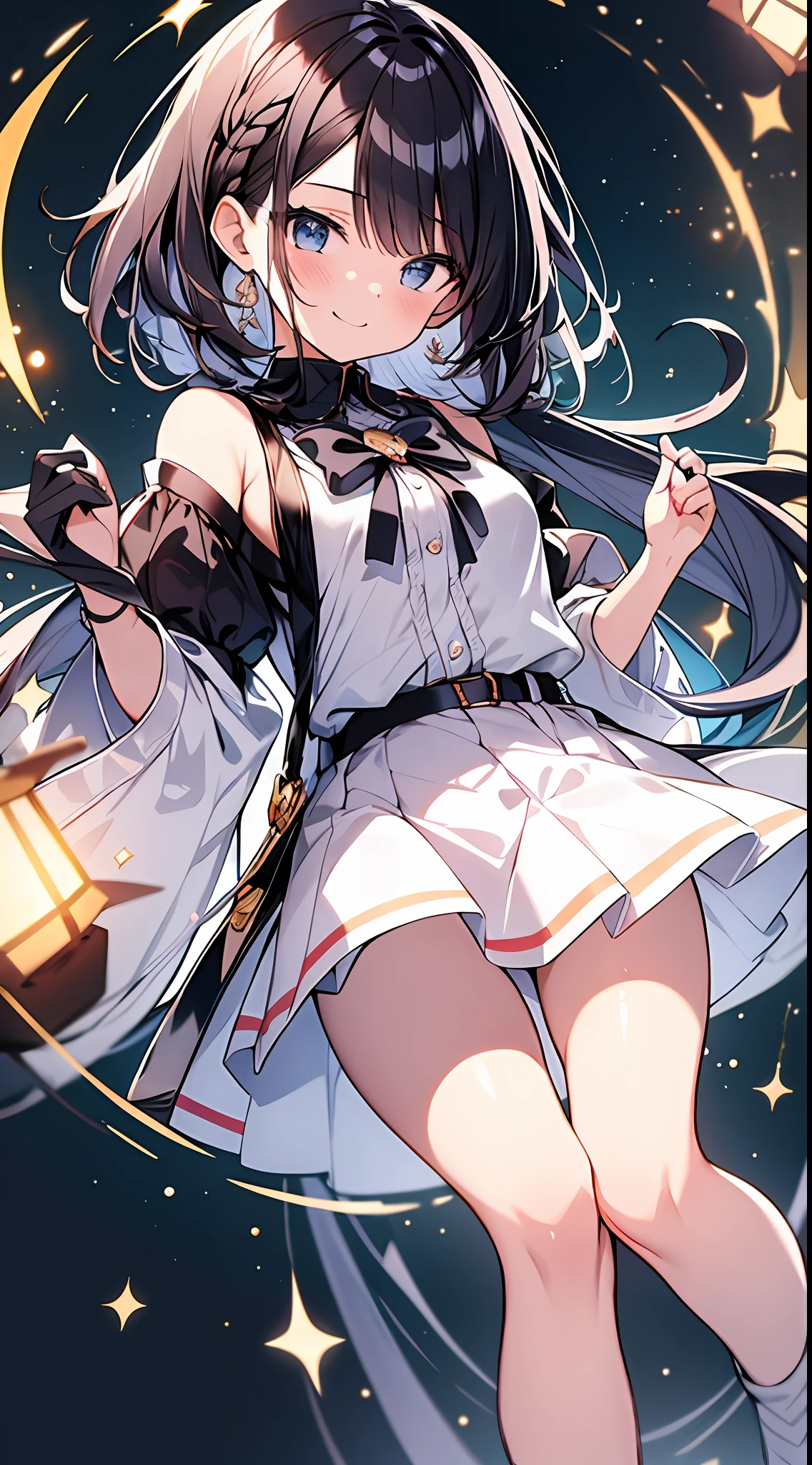 Top Quality, Masterpiece, High Resolution, 8k, Pastel Color, Anime Style Girl with Light Shirt and Skirt, One Girl, Pretty, Detailed Line Art, Bright White and Bright Amber Style, Frolic, Digital Enhancement, Close Up, Anime Core, Flowing Fabric, Hair length and short braids to the shoulders, Beautiful black hair, big smile, Full body angle