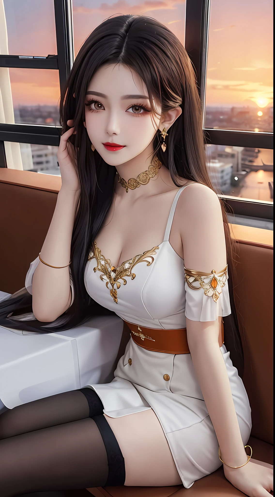 1 beautiful girl, sad girl, sitting by the window, long hair, beautiful face without blemishes, rosy face, earrings, brown eyes, thin eyebrows, most thorough makeup is eyelashes, red lips, lips petite, graceful smile, The breasts are full and round, slim waist, moderately big butt, long legs, wear a thin white shirt that reaches to the waist, black mesh stockings, long hair, one afternoon, sunset is fading, sky color orange, clear sunset background image, sad girl, sitting by the window, quality best image quality, 8k quality, real girl, girl portrait sitting by the window, artwork, upper body half,