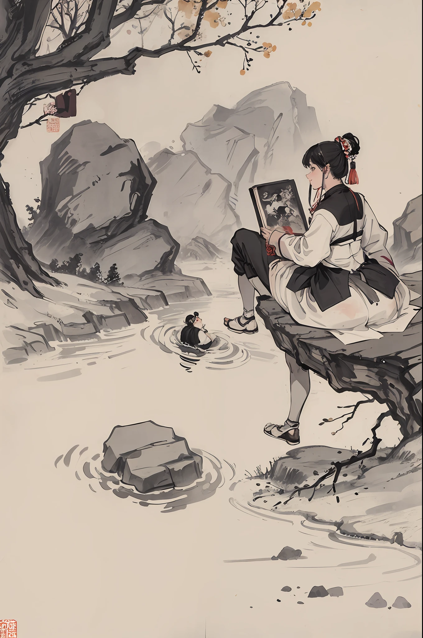 (masterpiece, best quality: 1.2), traditional Chinese ink painting, two children