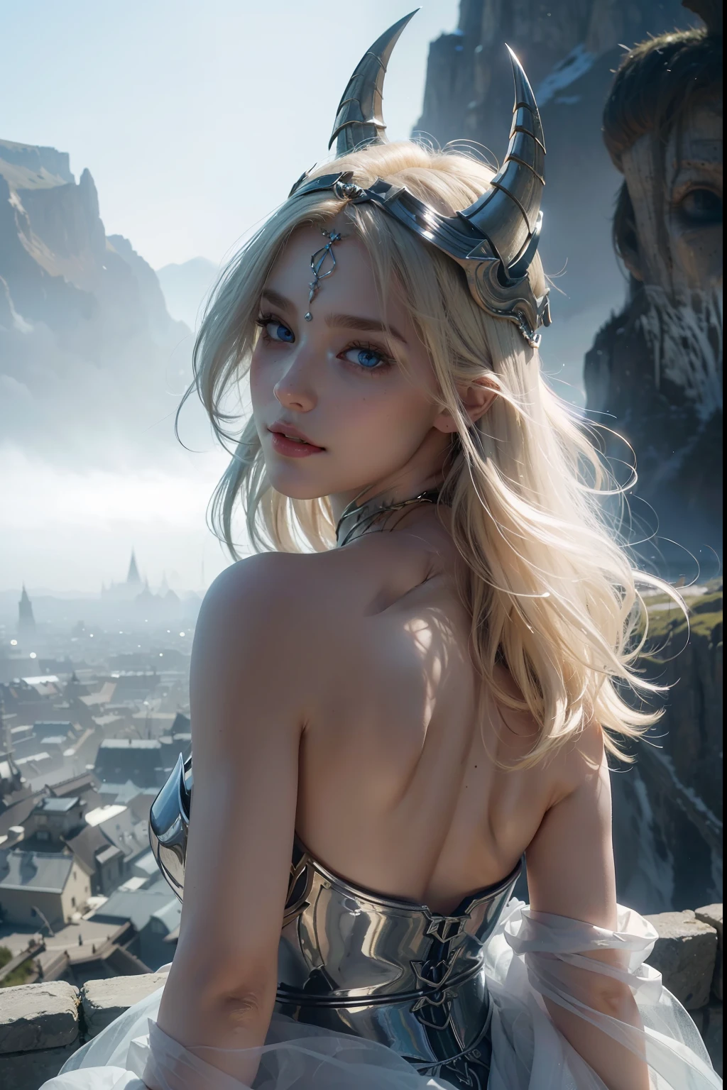 ((Best Quality, 8k, Sharp Focus, 35mm Lens, Masterpiece: 1.2, back Light, Ultimate Girl, Highly Detailed Facial Textures, Highly Detailed Facial Textures, detailed beauty makeup: 1.2, realistic skin, detailed bangs)), The background of ht the mountain, (detailed Full Metal Armor), holding flame-lance, (circlet helmet), 22 years old, inverted triangle face, Grinning, detailed divine pale blonde hair, long wavy messy hair, wind, light fog, devil's castle, beautiful detailed deep blue eyes, sense of determination Courageous face, final battle, absurdity, looking back, head tilt