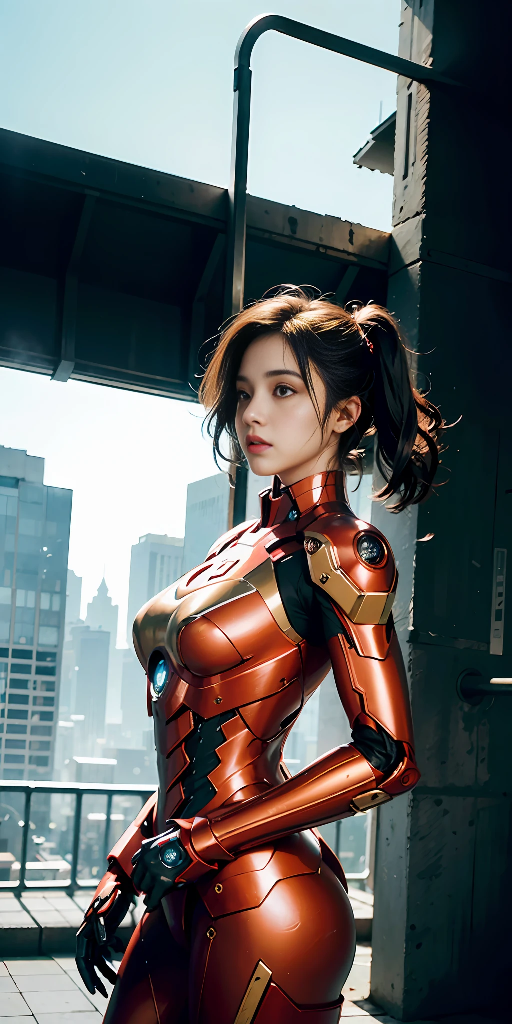 (1girl:1.3), Rena Notoshi, Rena Nounen, Japan actress, solo, body parts, official art, Unity 8k wallpaper, super detailed, beautifully aesthetic, beautiful, masterpiece, best quality, raw, masterpiece, ultra fine photo, highest quality, ultra high resolution, photorealistic, sunlight, full body portrait, stunningly beautiful, dynamic pose, delicate face, Lively eyes, (side view), she wears a futuristic Iron Man mecha, red and gold, highly detailed abandoned warehouse background, detailed face, detailed complex busy background, messy, gorgeous, milky, detailed skin, realistic skin details, visible pores, sharp focus, volume fog, 8k UHD, DSLR camera, high quality, film grain, white skin, photorealism, lomography, metropolis in futuristic dystopia, view from below, translucency