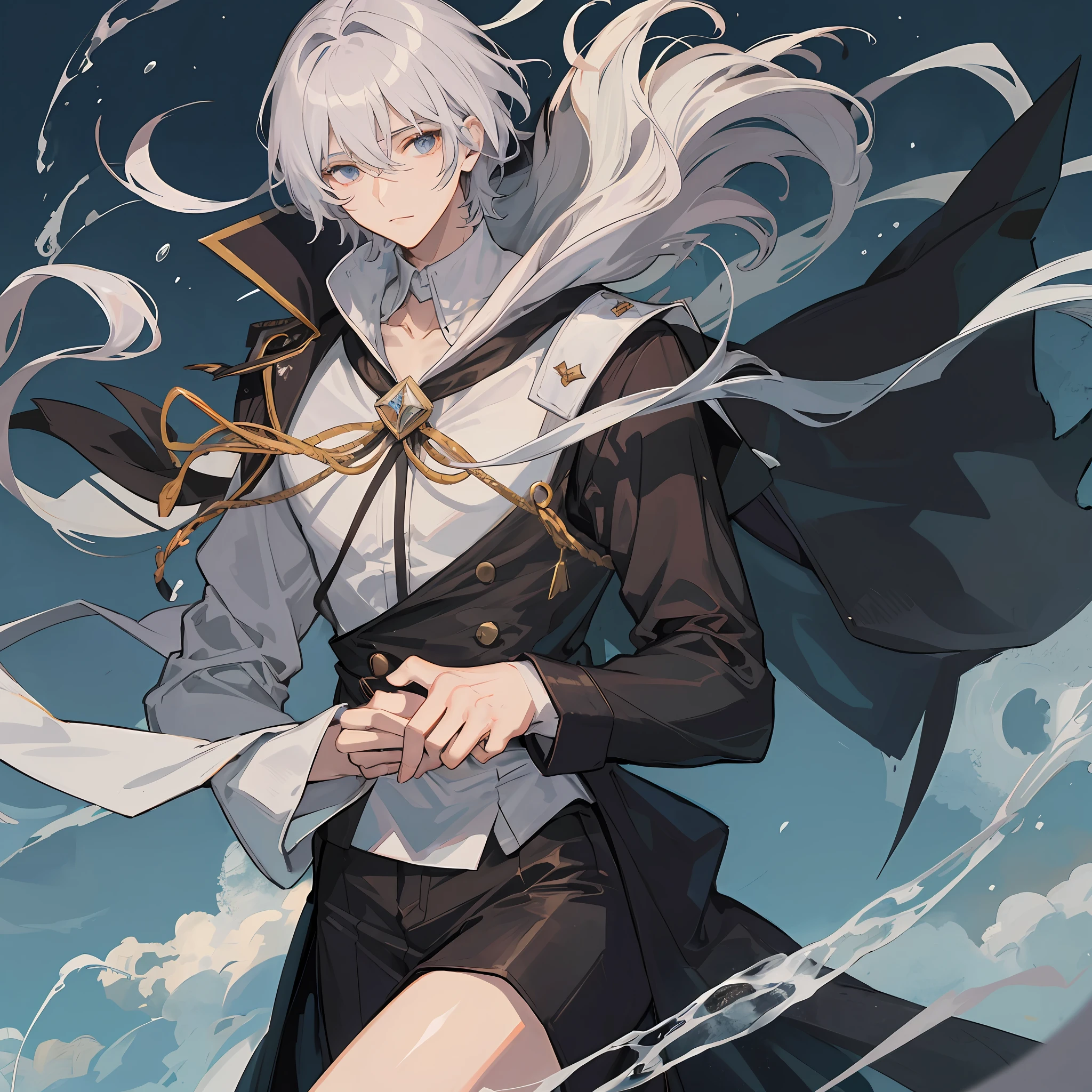 Create an image of a 19-year-old adult man with dignified and charismatic gray short hair. His hair can be styled in a more natural way, perhaps partially tied or gently flowing in the wind. His eyes are black, conveying firmness and wisdom. He wears clothing that portrays a knightly vibe, although he is currently not on duty. The attire he wears is all-black, with a flowing cloak behind him, reflecting elegance and mystery.
