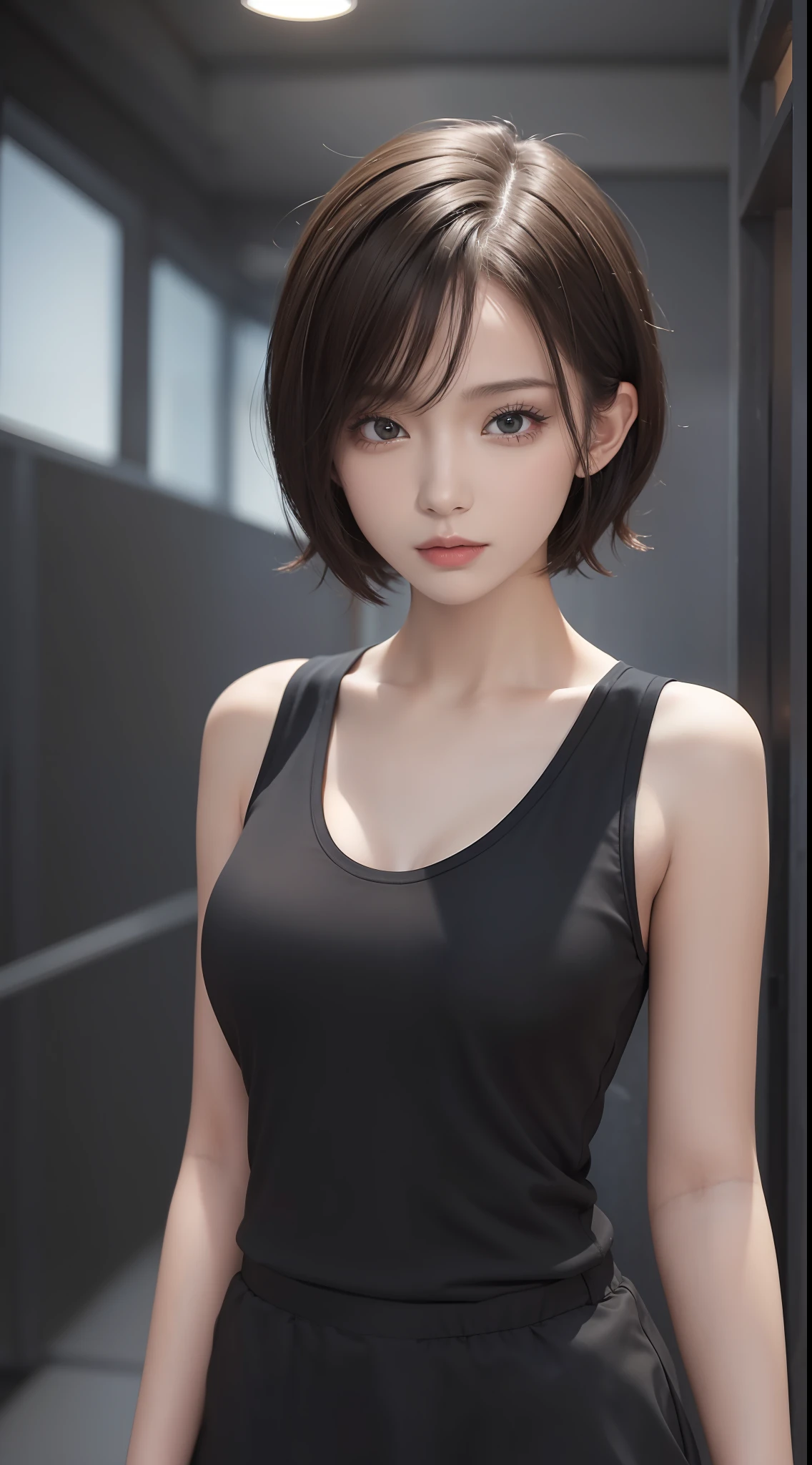 A girl, short hair, black prowear, upper body, 4K, dynamic lighting, very detailed face, medium chest