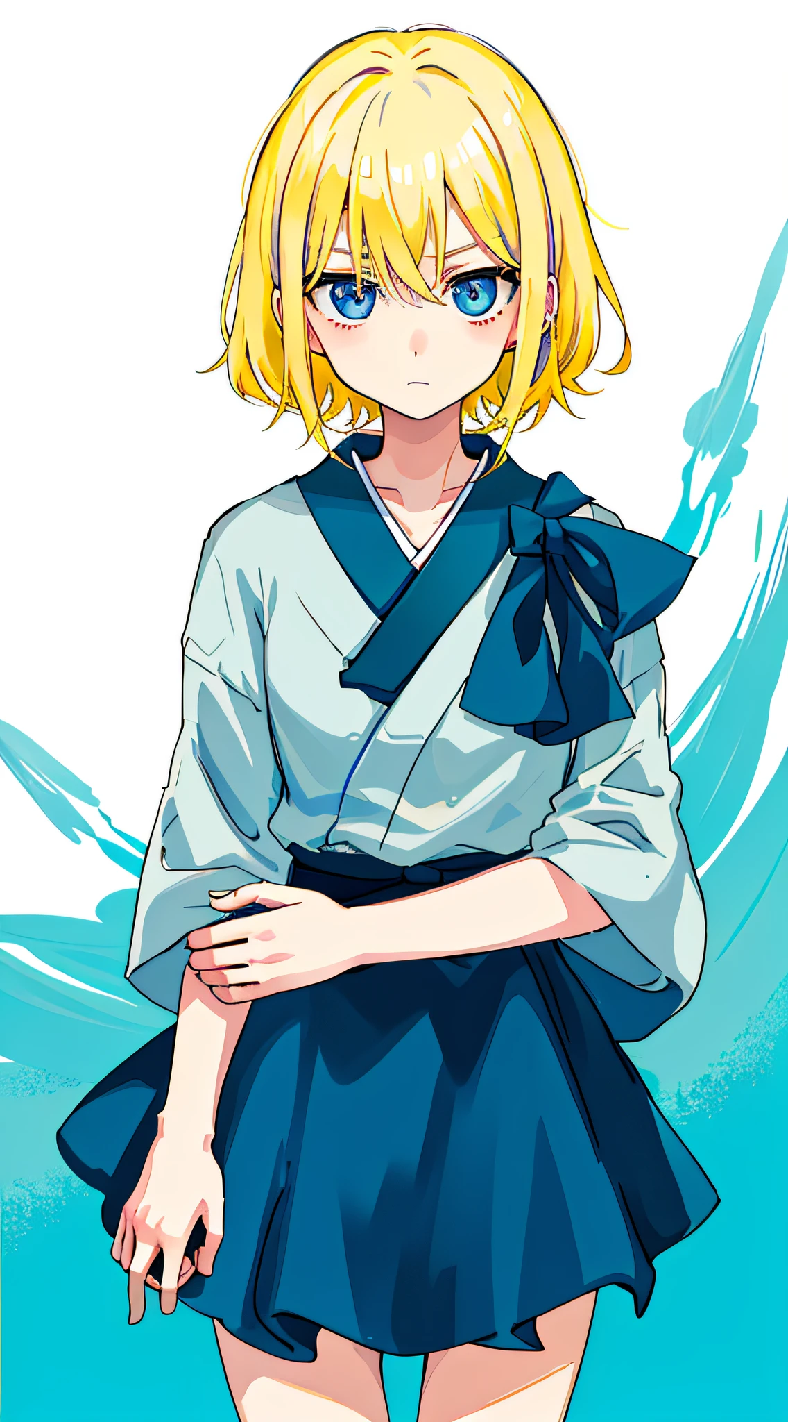 fg2h, finger gun, pastel colors, cowboy shot, from above, 1girl, cold eyes, distant, blank stare, expressionless, empty eyes, no expression, apathetic, dark blue eyes, nihongami and single hair intake, yellow hair