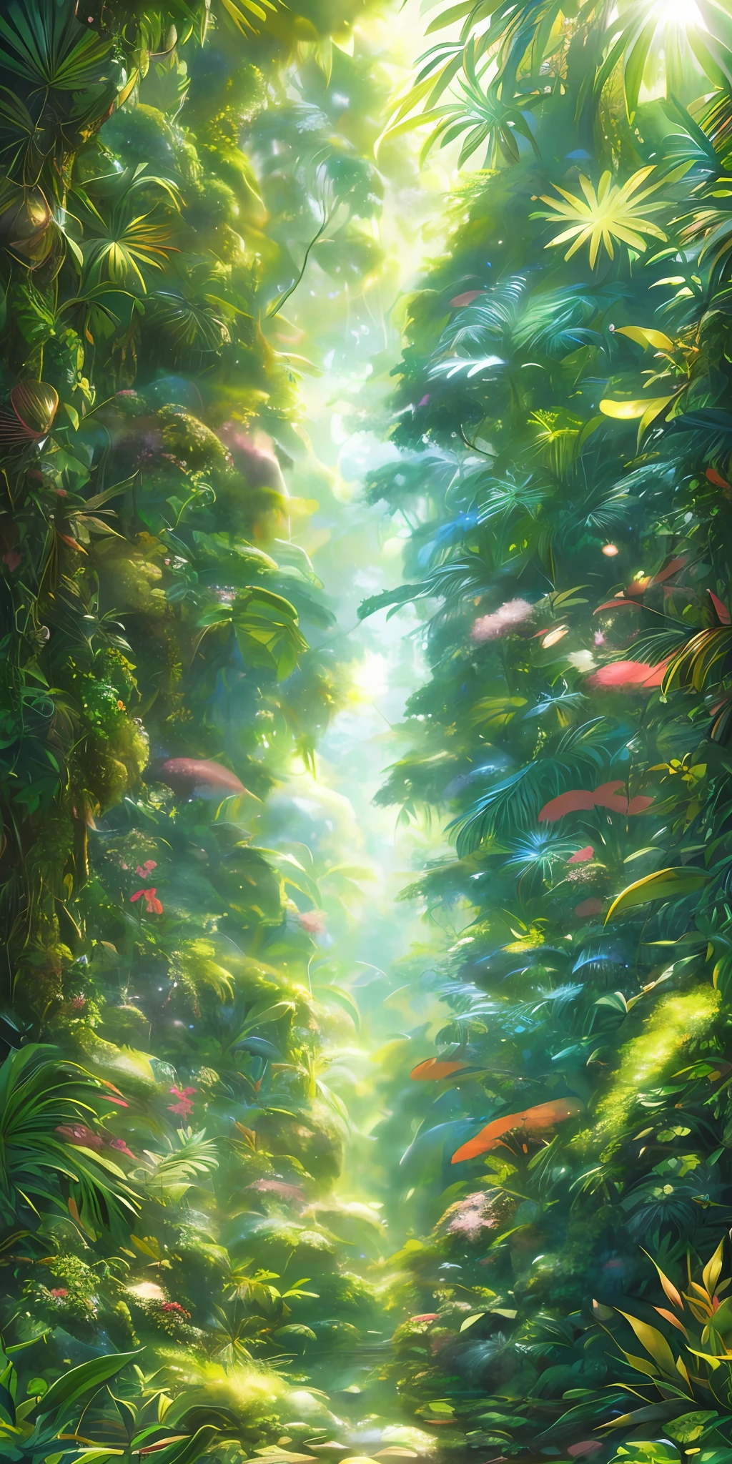 A detailed and intricate digital illustration of a dense jungle full of exotic flora and fauna, with sunlight filtering through the canopy creating a dappled effect. Yoshitaka Amano and Hayao Miyazaki style, masterpiece, proportions, details, art station trends, beautiful lighting, realistic, intricate, award winning, 4k, highest quality