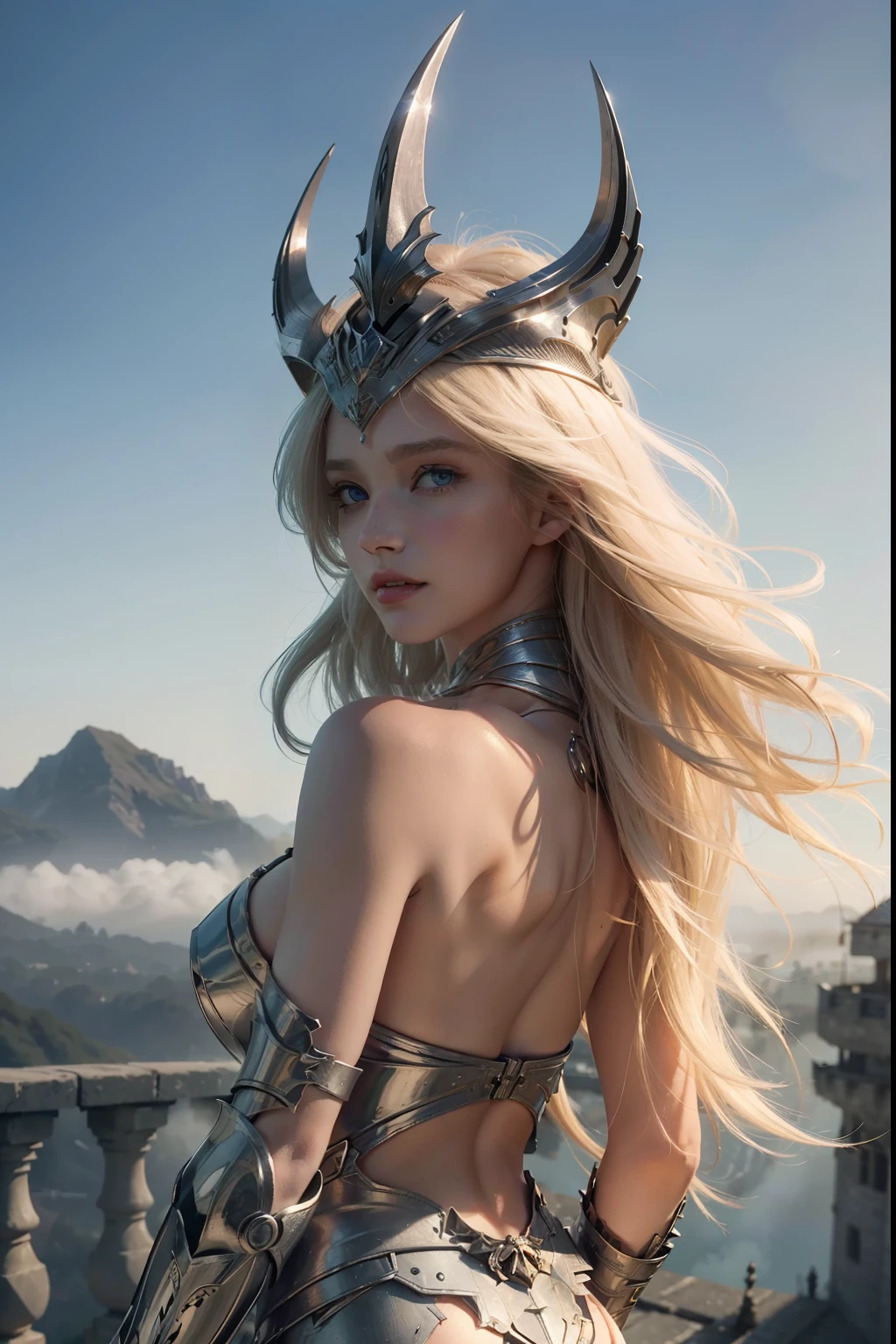 ((Best Quality, 8k, Sharp Focus, 35mm Lens, Masterpiece: 1.2, back Light, Ultimate Girl, Highly Detailed Facial Textures, Highly Detailed Facial Textures, detailed beauty makeup: 1.2, realistic skin, detailed bangs)), The background of ht the mountain, (detailed Full Metal Armor), holding flame-lance, (circlet helmet), 22 years old, inverted triangle face, Grinning, detailed divine pale blonde hair, long wavy messy hair, wind, light fog, devil's castle, beautiful detailed deep blue eyes, sense of determination Courageous face, final battle, absurdity, looking back, head tilt