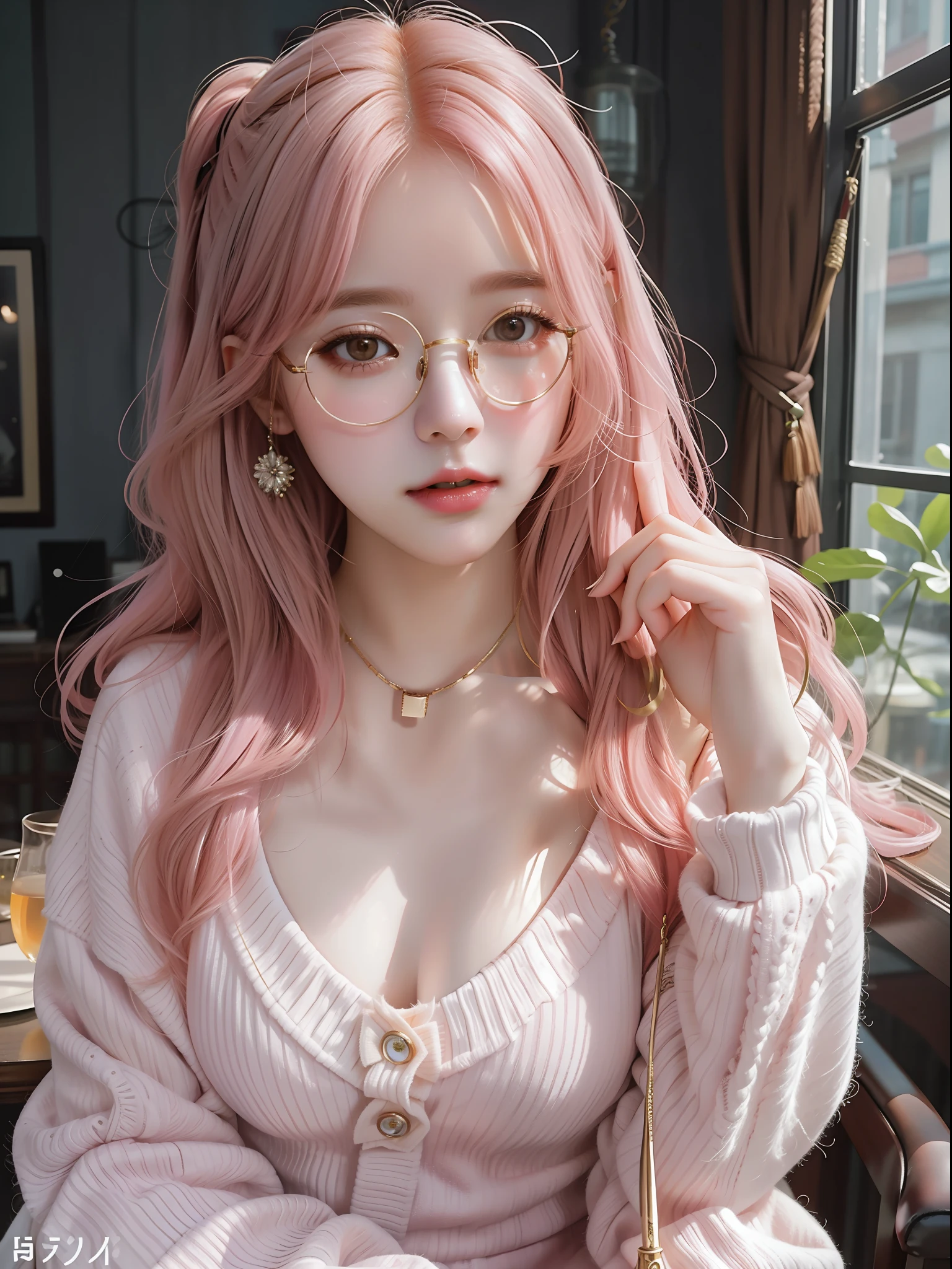Fantasy. Irene Bae JooHyun, sitting, detailed white sweater. large breasts, half body portrait, ((looking at away)), stunningly beautiful, light golden eyeglasses, pink hair, blush, humble, table, home, hands. highly detailed. Cinematic lighting, (nsfw:1.22)