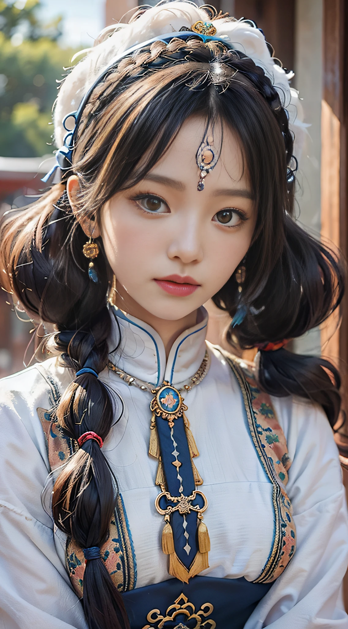 Close-up of a woman in long pigtails and blue Tibetan clothes, Tibetan girl, slightly raised head, slightly raised head, half-body photo, upper body, a girl in Tibetan clothing, similar in appearance to Yang Transcendence, face shape similar to female star Yang Transcendence, gorgeous Tibetan costume, clothes with white fluff, clothes with bright colors, clothes color is mainly navy blue, clothing color supplemented by white, Tibetan style headdress, cumbersome headdress, traditional beauty, white Tibetan clothes, Chinese Tibetan style, beautiful young wind spirit, beautiful generous, gentle girl, Wearing Chinese Tibetan Costume, Chinese Sweet Girl, Chinese Costume, Live CG, Light Makeup Girl 0.5, Sweet Style 0.3, Tibetan Costume 0.8, Film Style, HD 4K