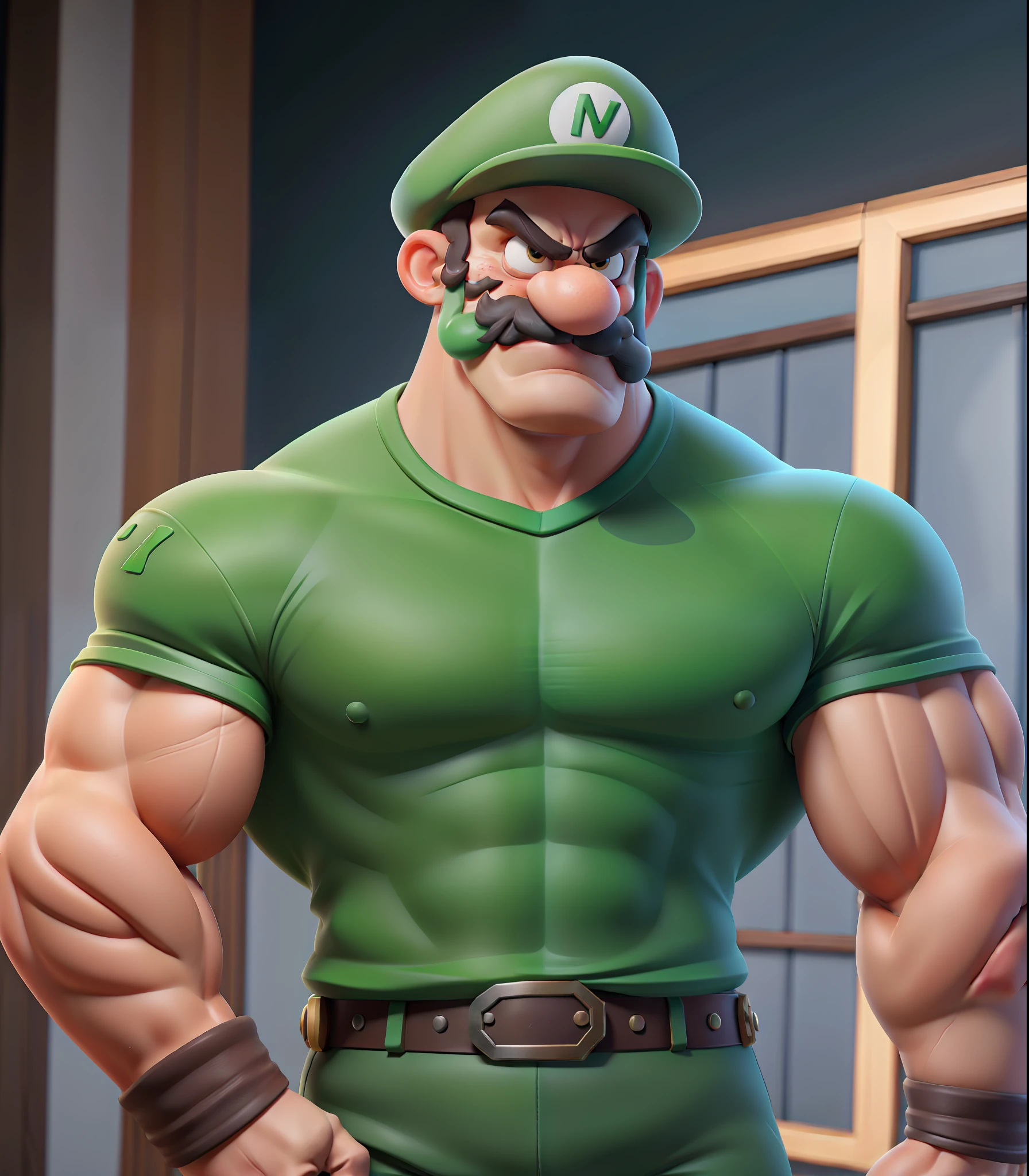 Buff Luigi with Muscle, Luigi as a bodybuilder, wearing in green, best quality, masterpiece, 8k, full body