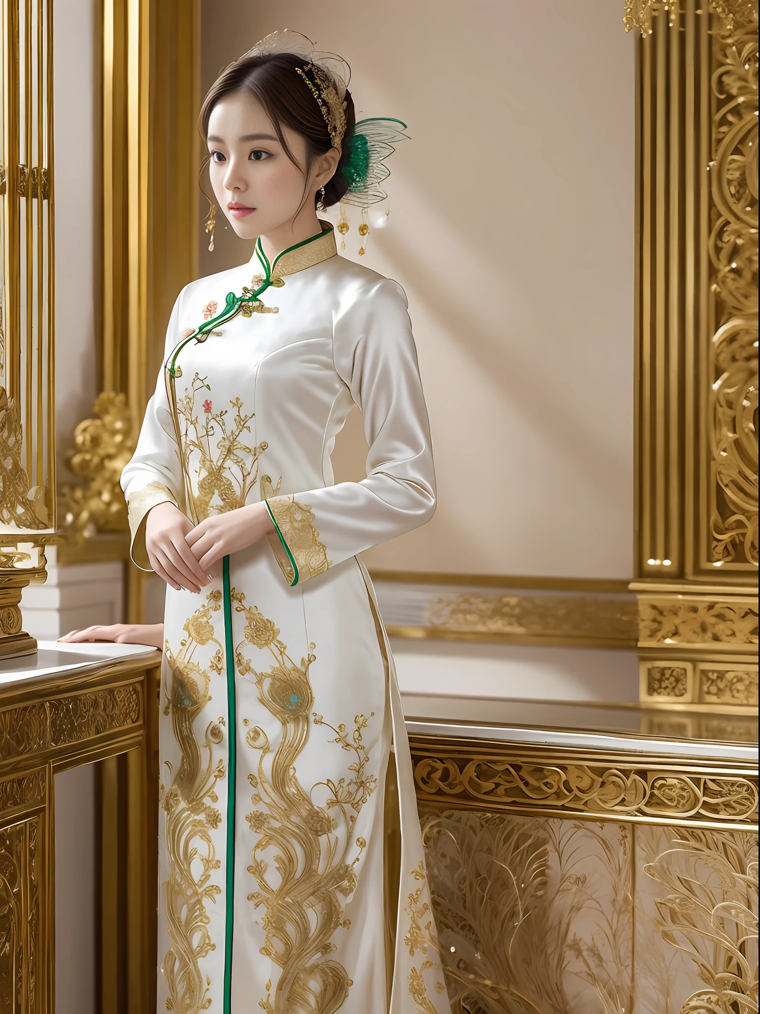 the girl in the Ao Dai is sewn from thin silk or cotton fabric, has a long and body-hugging white style that is very detailed, the peacock pattern in front of the shirt is very detailed, the girl stands in a very splendid space with many details