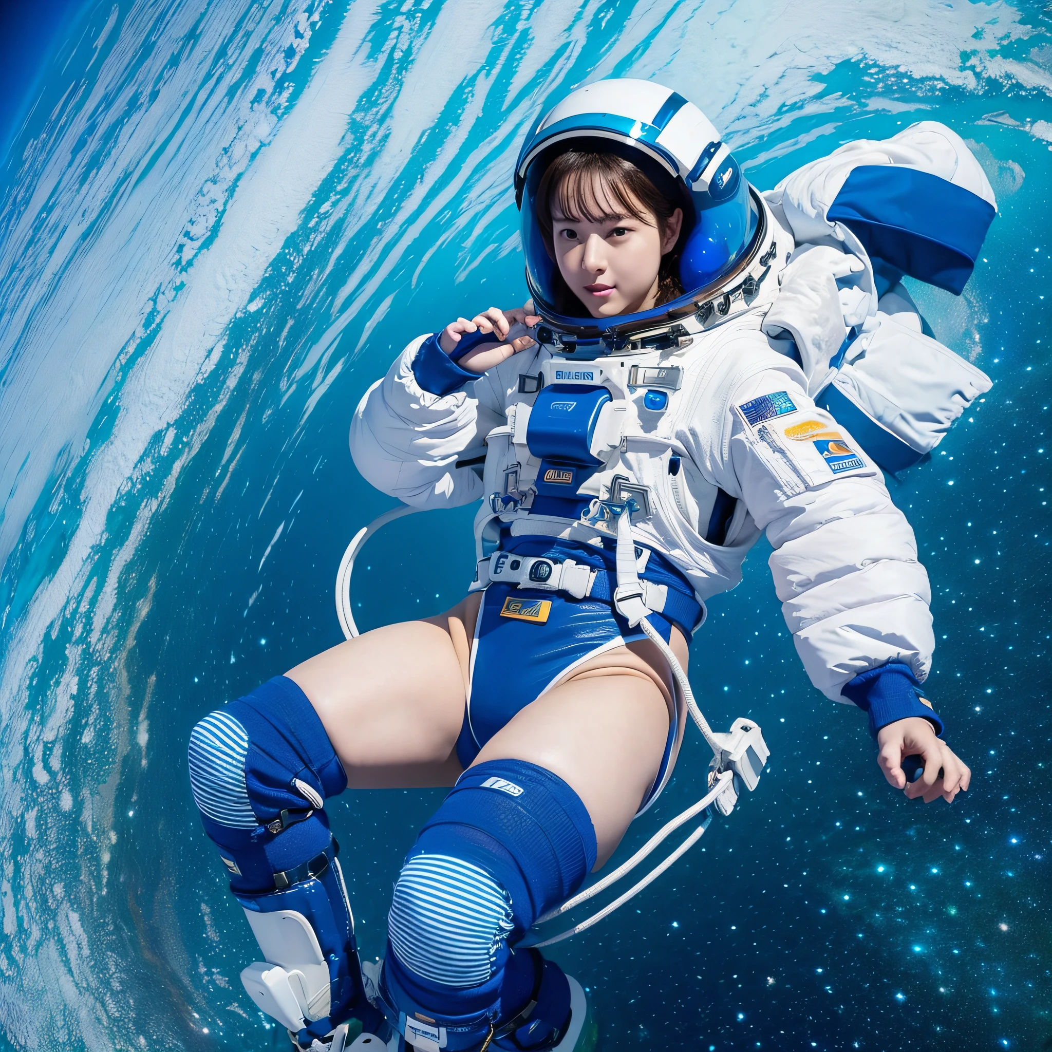 Real 16k, High Definition, Live Action, (One Woman), Spacewalk, Blue Earth Background