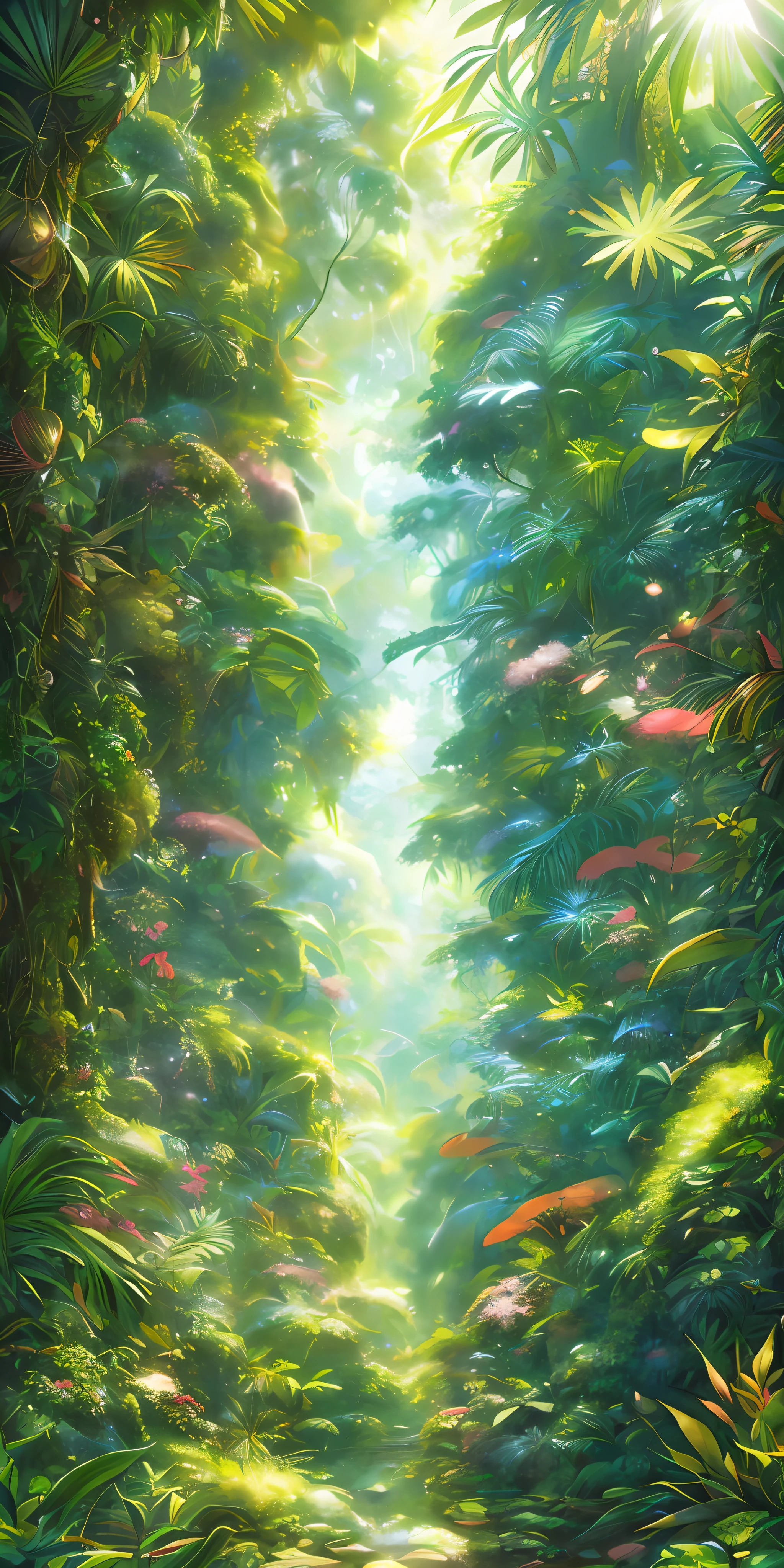 A detailed and intricate digital illustration of a dense jungle full of exotic flora and fauna, with sunlight filtering through the canopy creating a dappled effect. Yoshitaka Amano and Hayao Miyazaki style, masterpiece, proportions, details, art station trends, beautiful lighting, realistic, intricate, award winning, 4k, highest quality
