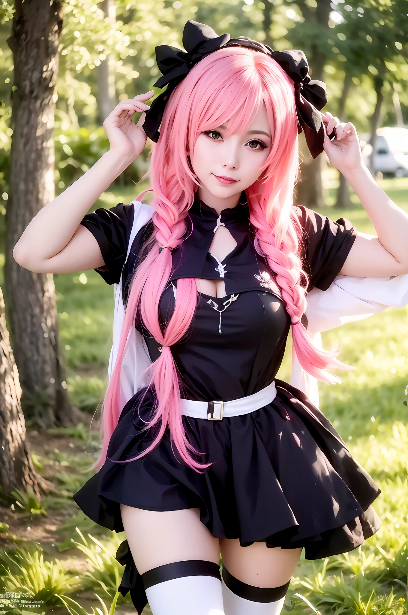 Short black and white costume with pink braid hair, {{{1/3 of the hair is green}}}}, big breasts, anime girl cosplay, cosplay, glamorous cosplay, cosplay photo