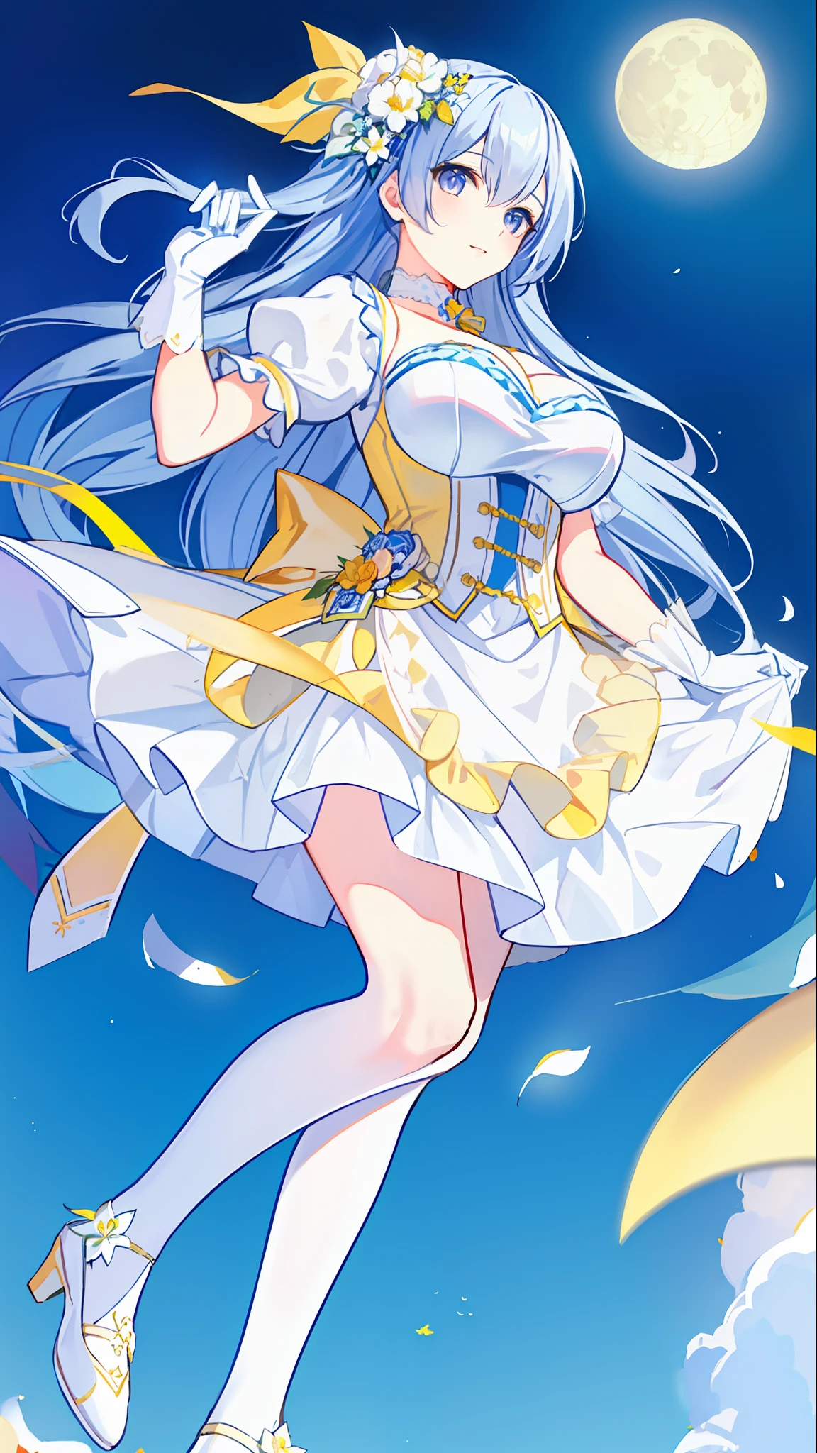Left-facing, ((((Masterpiece)))), (((Best Quality))), (((Very Detailed))), Detailed Fingers, Illustration, 1 Girl, Solo, Long Sky Blue Hair, Violet Colored Eyes, Flower Hair Ornament, White Feather Hair Ornament, Yellow Moon Hair Ornament, Wide Open Chest, Large Breasts, Large White Ribbon at the Waist, Yellow Idol Dress, With White Flowers, Choker with Yellow Ribbon, White Gloves, White Tights , Yellow Shoes, MIKU, Royal Elegant Pose,