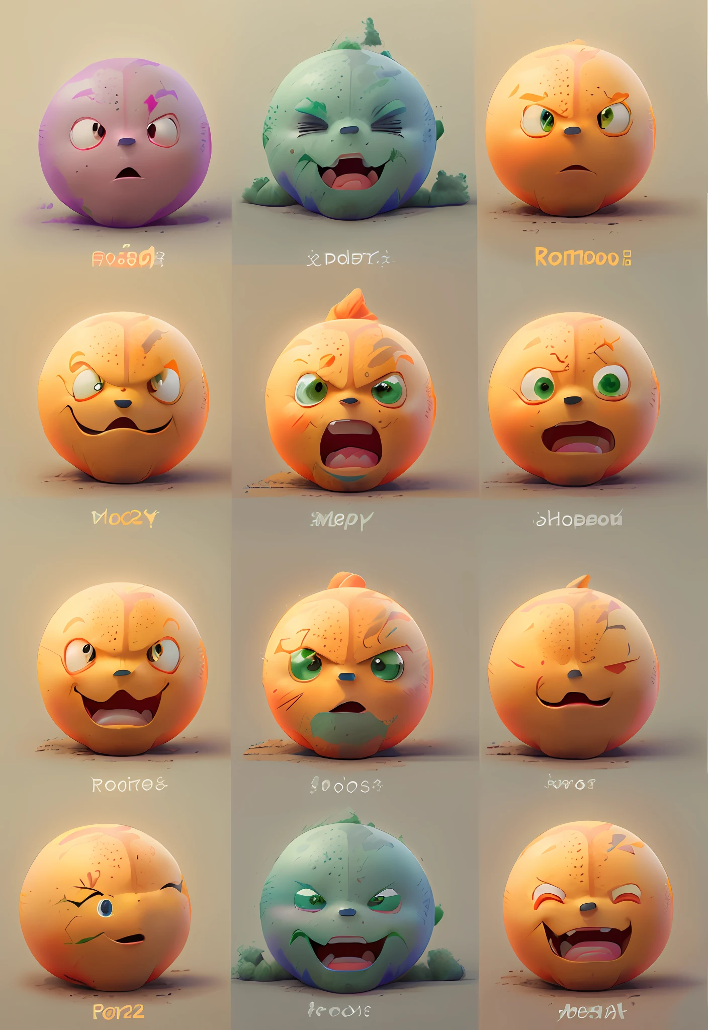 a close up of a bunch of different colored balls with faces, various emotions, expressions, micro expressions, neutral expressions, face variations, facial expressions, punchable expression, 3d characters, digital art emoji collection, detailed facial expressions, different expression, happy expressions, corrected faces, colorful character faces, style of cute pokemon, orange head, adorable digital painting, angry facial expressions