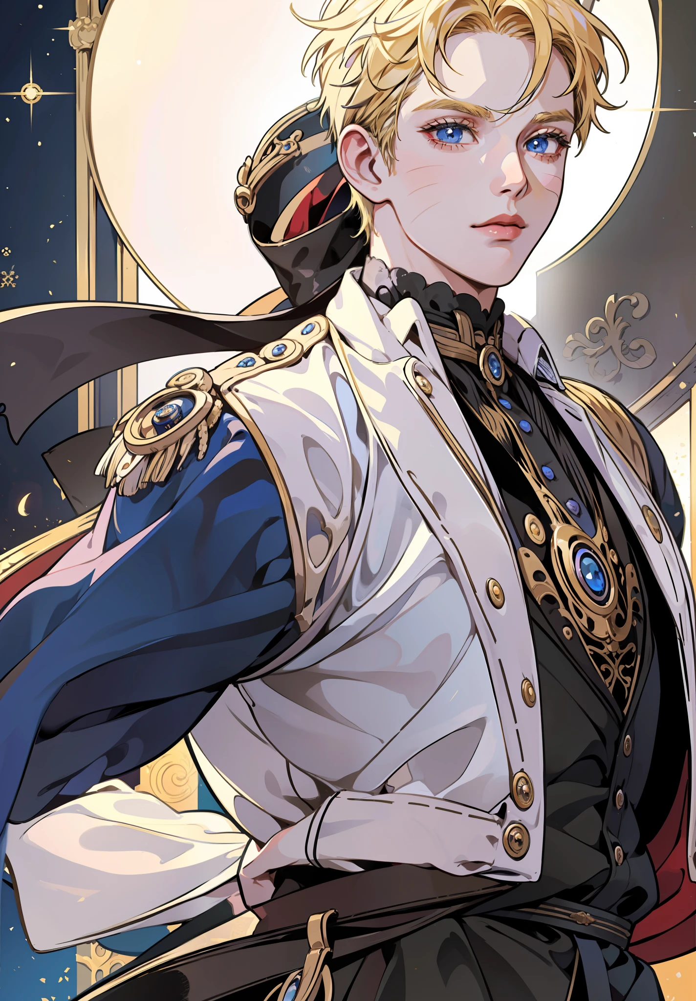 Prince, blue eyes, blonde hair, black outfit, young, mature, masculine man, gold earring, quality, highly detailed, tan skin, solo, blue eyes, naruto with victorian attire, ((((victorian boy attire)))), 1 boy, solo, uzumaki naruto, whiskermark, sharp gaze