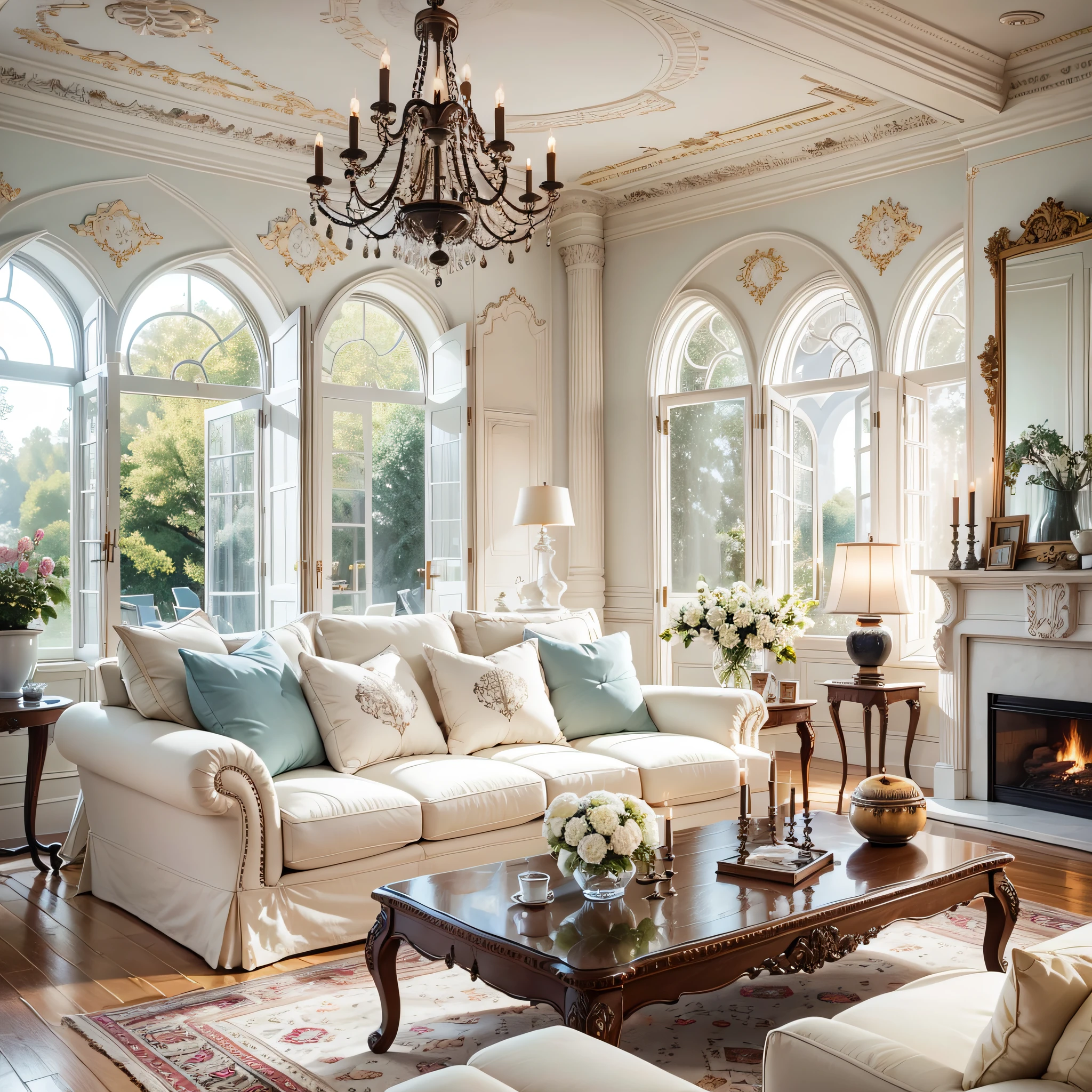European style, white tone living room scene, with windows, outside the window is European architecture --auto --s2