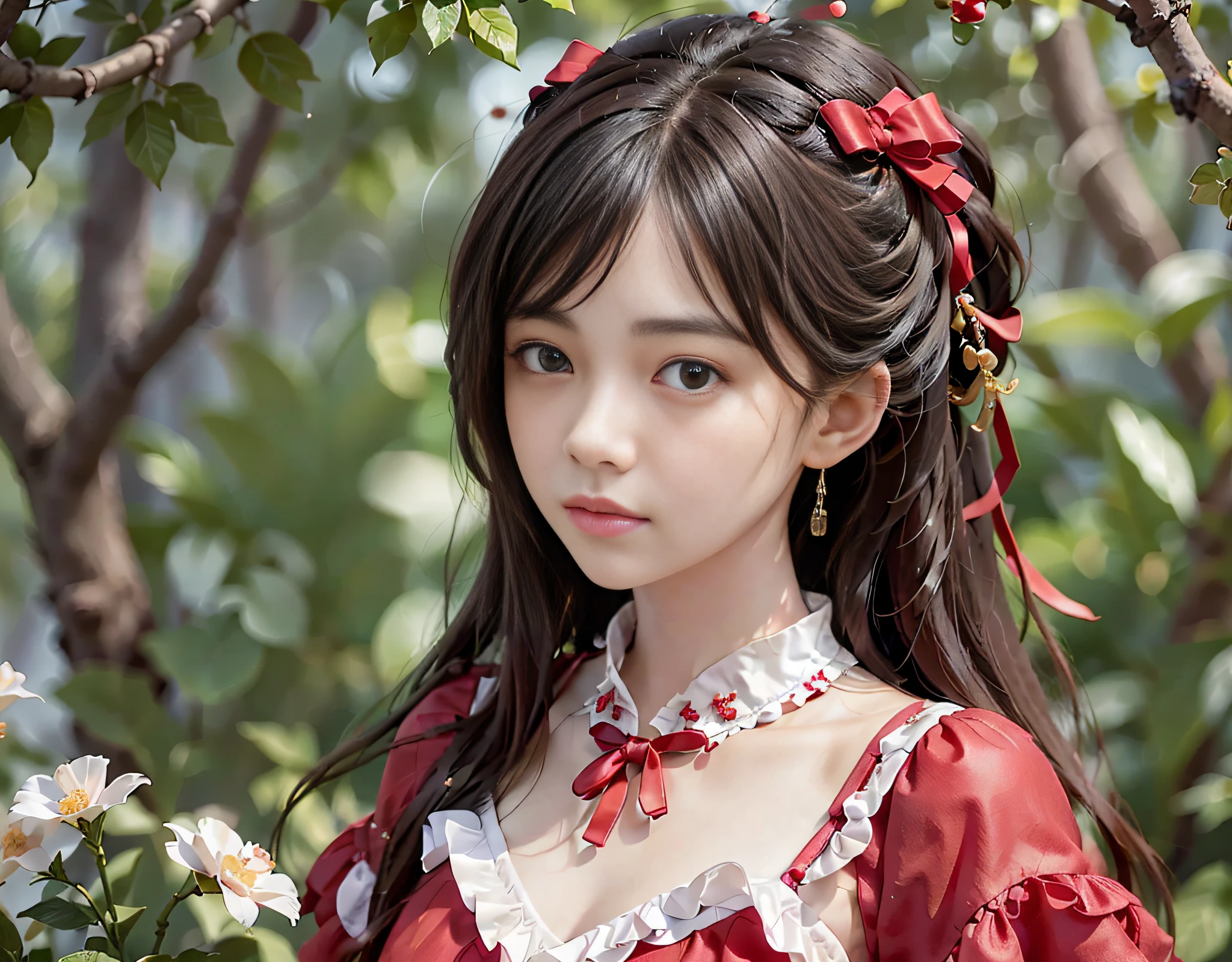 Best quality, super high resolution, photo restoration, photo of a beautiful woman, 12yo young girl, detailed face, black curly hair with red clothes, (detailed porcelain doll, delicate clothes with lots of frills and ribbons), historical landmarks, (face close-up), seductive appearance, look at the viewer