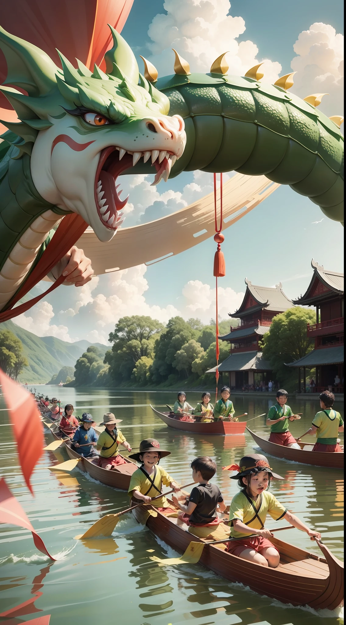 During the Dragon Boat Festival, several children dressed in Chinese style raced dragon boats, with smiles on their faces, and a green dragon hovered in the sky --auto --s2