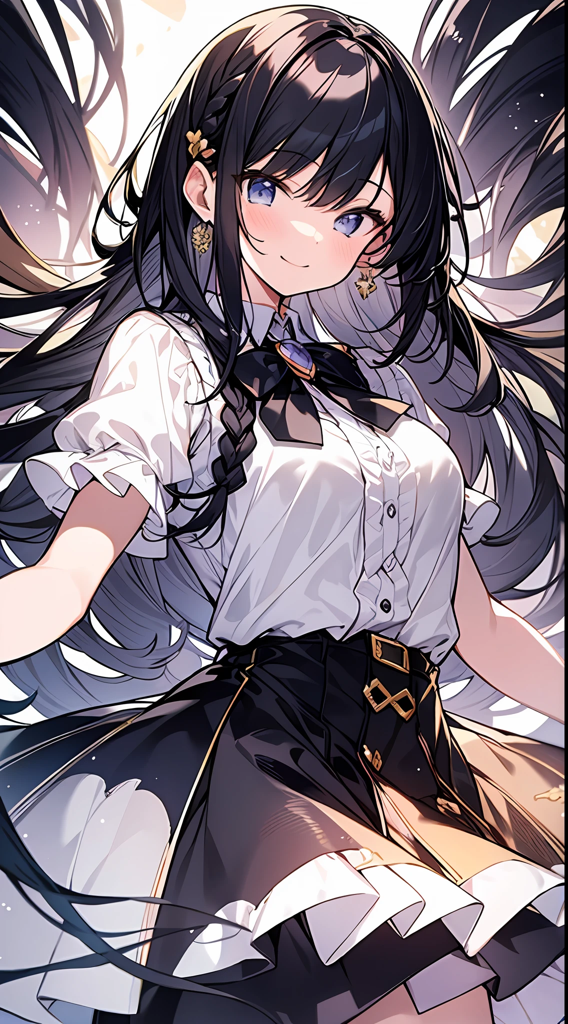 Top Quality, Masterpiece, High Resolution, 8k, Pastel Color, Anime Style Girl with Light Shirt and Skirt, One Girl, Pretty, Detailed Line Art, Bright White and Bright Amber Style, Frolic, Digital Enhancement, Close Up, Anime Core, Flowing Fabric, Hair length and short braids to the shoulders, Beautiful black hair, big smile, Full body angle