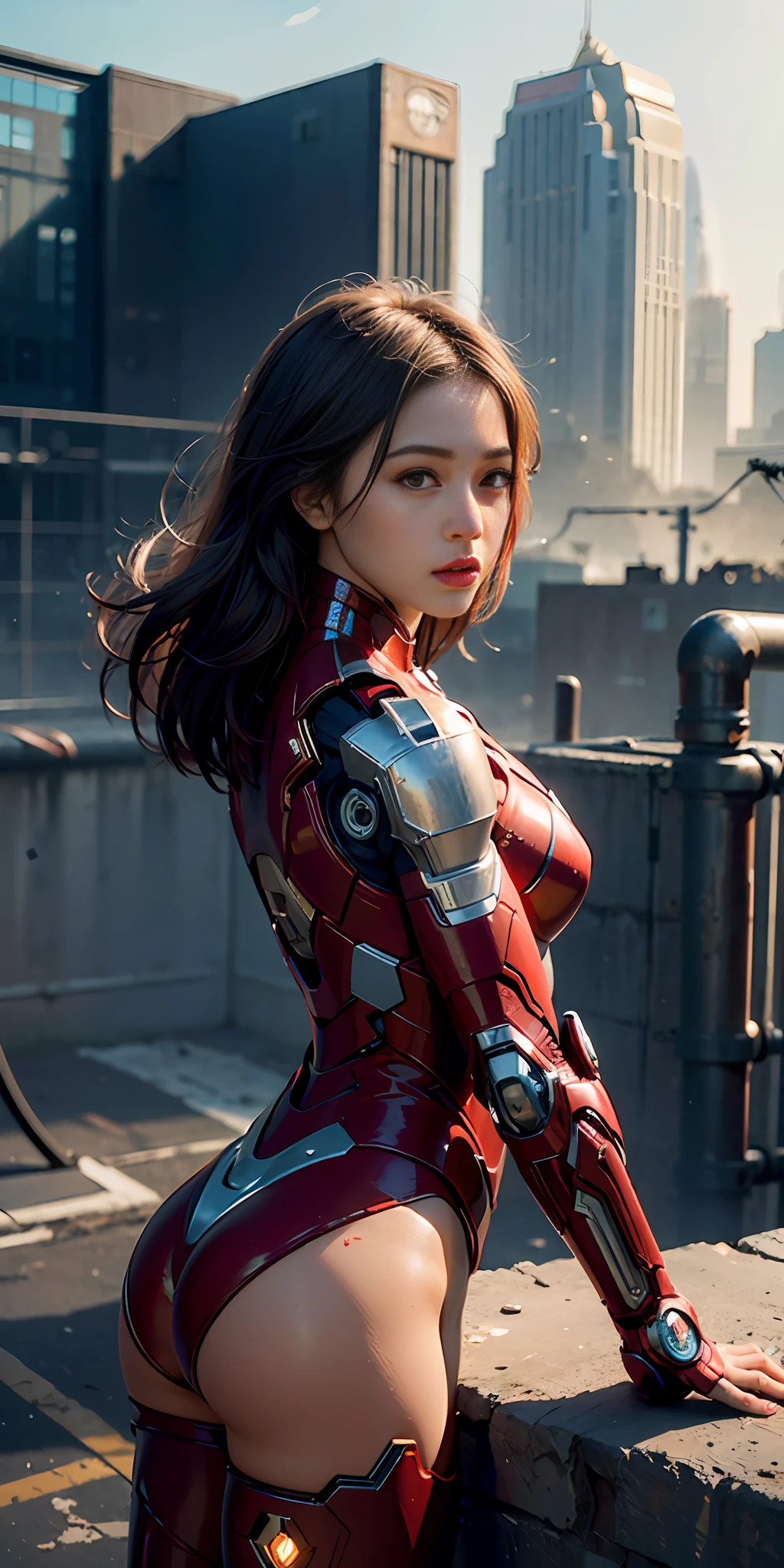 (1girl:1.3), solo,__body-parts__, official art, unity 8k wallpaper, ultra detailed, beautiful and aesthetic, beautiful, masterpiece, best quality, RAW, masterpiece, super fine photo,, best quality, super high Resolution, photorealistic, sunlight, full body portrait, stunningly beautiful,, dynamic pose, delicate face, vibrant eyes, (side view), she is wearing a futuristic Iron Man mech, red and gold, Highly detailed abandoned warehouse background, detailed face, detailed complex busy background, messy, gorgeous, milky, high detailed skin, realistic skin details, visible pores, sharp focus, volumetric fog, 8k uhd, dslr camera, High quality, film grain, fair skin, photorealism, lomography, sprawling metropolis in a futuristic dystopia, view from below, translucent, nude