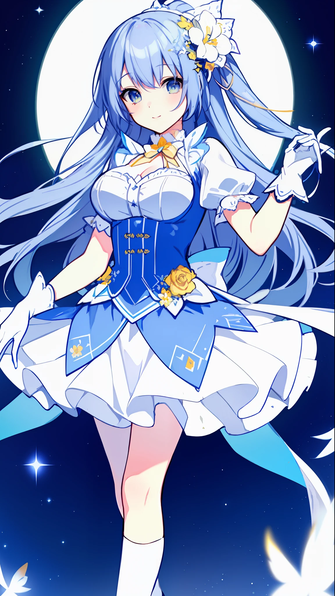 Left-facing, ((((Masterpiece)))), (((Best Quality))), (((Very Detailed))), Detailed Fingers, Illustration, 1 Girl, Solo, Long Sky Blue Hair, Violet Colored Eyes, Flower Hair Ornament, White Feather Hair Ornament, Yellow Moon Hair Ornament, Wide Open Chest, Large Breasts, Large White Ribbon at the Waist, Yellow Idol Dress, With White Flowers, Choker with Yellow Ribbon, White Gloves, White Tights , Yellow Shoes, MIKU, Royal Elegant Pose,
