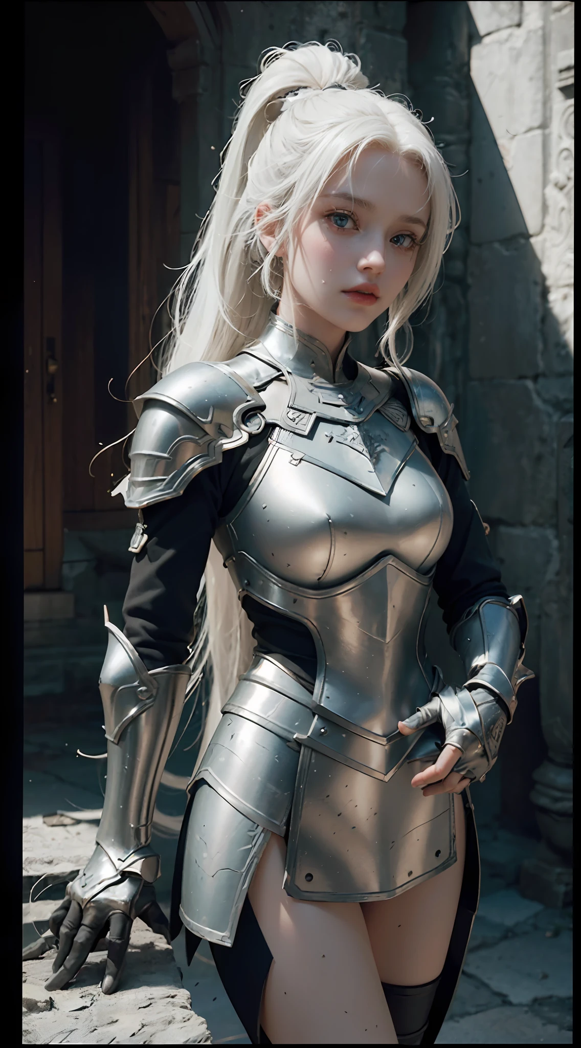 ((Best Quality)), ((Masterpiece)), (Details: 1.4), 3D, A Beautiful Female Knight, (Long White Hair, High Ponytail: 1.9), (Red Pupil: 2.0), Wearing Armor, Sabre, Temple, HDR (High Dynamic Range), Ray Tracing, NVIDIA RTX, Super-Resolution, Unreal 5, Subsurface Scattering, PBR Texture, Post Processing, Anisotropic Filtering, Depth of Field, Maximum sharpness and sharpness, multi-layer textures, albedo and highlight maps, surface shading, accurate simulation of light-material interactions, perfect proportions, Octane Render, two-color light, large aperture, low ISO, white balance, rule of thirds, 8K RAW,