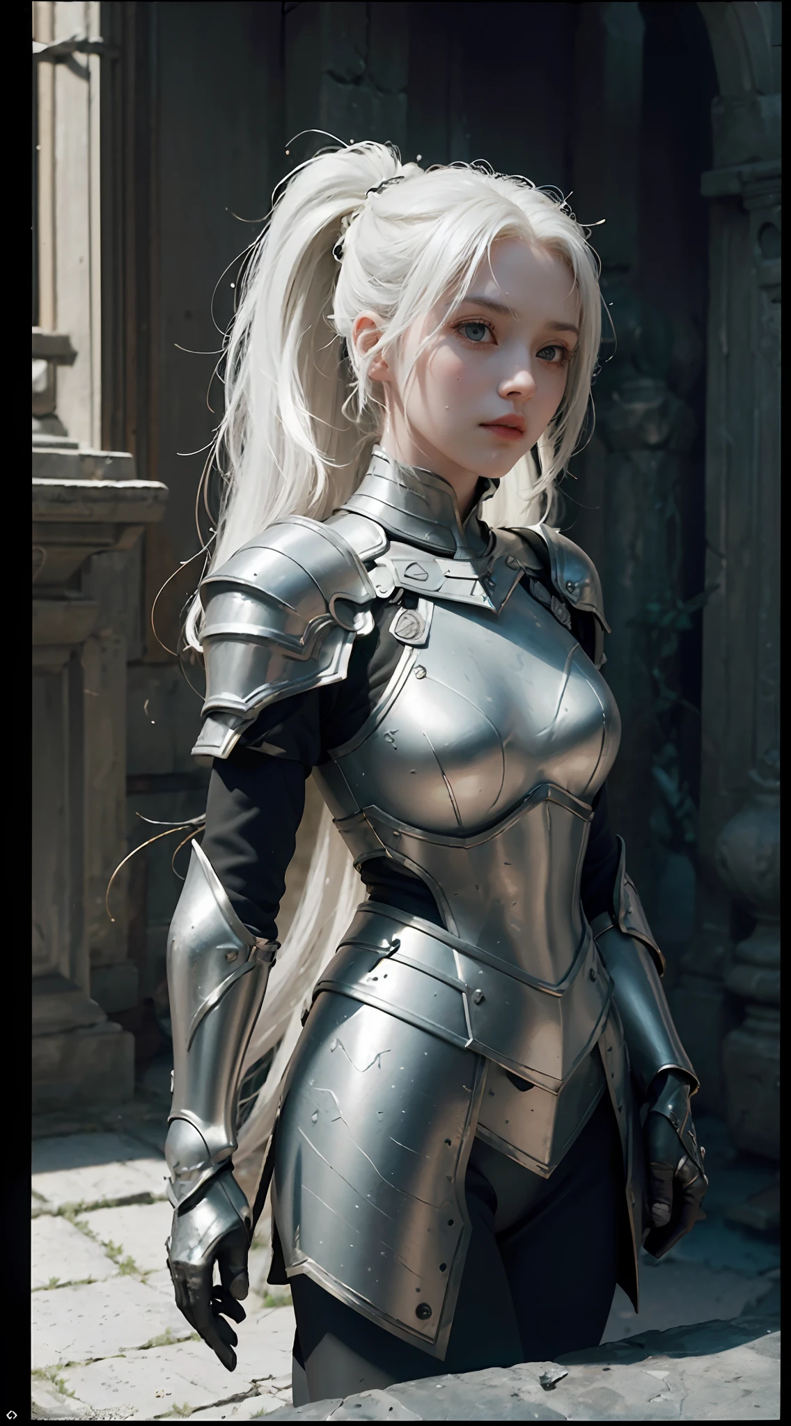 ((Best Quality)), ((Masterpiece)), (Details: 1.4), 3D, A Beautiful Female Knight, (Long White Hair, High Ponytail: 1.9), (Red Pupil: 2.0), Wearing Armor, Sabre, Temple, HDR (High Dynamic Range), Ray Tracing, NVIDIA RTX, Super-Resolution, Unreal 5, Subsurface Scattering, PBR Texture, Post Processing, Anisotropic Filtering, Depth of Field, Maximum sharpness and sharpness, multi-layer textures, albedo and highlight maps, surface shading, accurate simulation of light-material interactions, perfect proportions, Octane Render, two-color light, large aperture, low ISO, white balance, rule of thirds, 8K RAW,