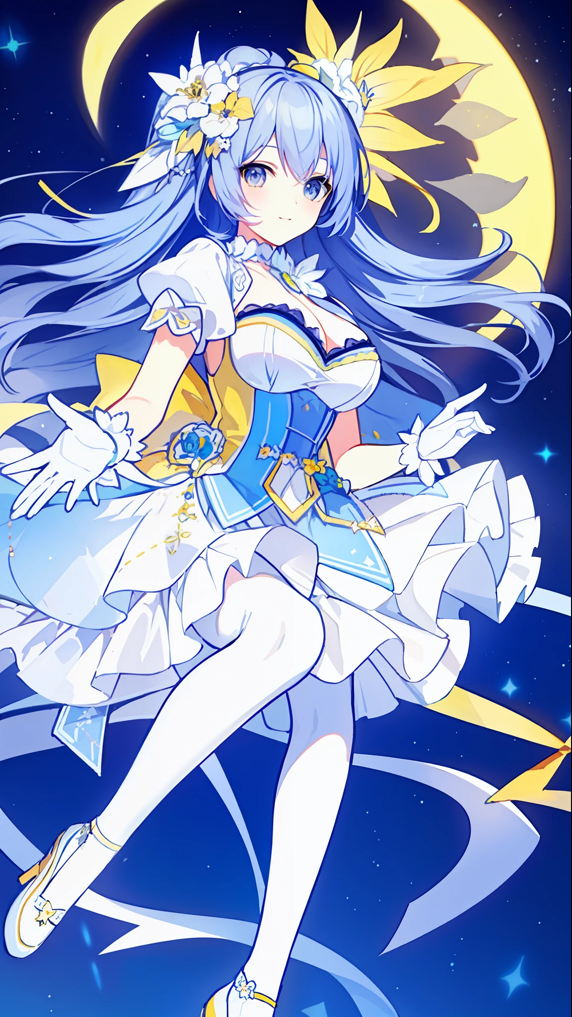 Left-facing, ((((Masterpiece)))), (((Best Quality))), (((Very Detailed))), Detailed Fingers, Illustration, 1 Girl, Solo, Long Sky Blue Hair, Violet Colored Eyes, Flower Hair Ornament, White Feather Hair Ornament, Yellow Moon Hair Ornament, Wide Open Chest, Large Breasts, Large White Ribbon at the Waist, Yellow Idol Dress, With White Flowers, Choker with Yellow Ribbon, White Gloves, White Tights , Yellow Shoes, MIKU, Royal Elegant Pose,