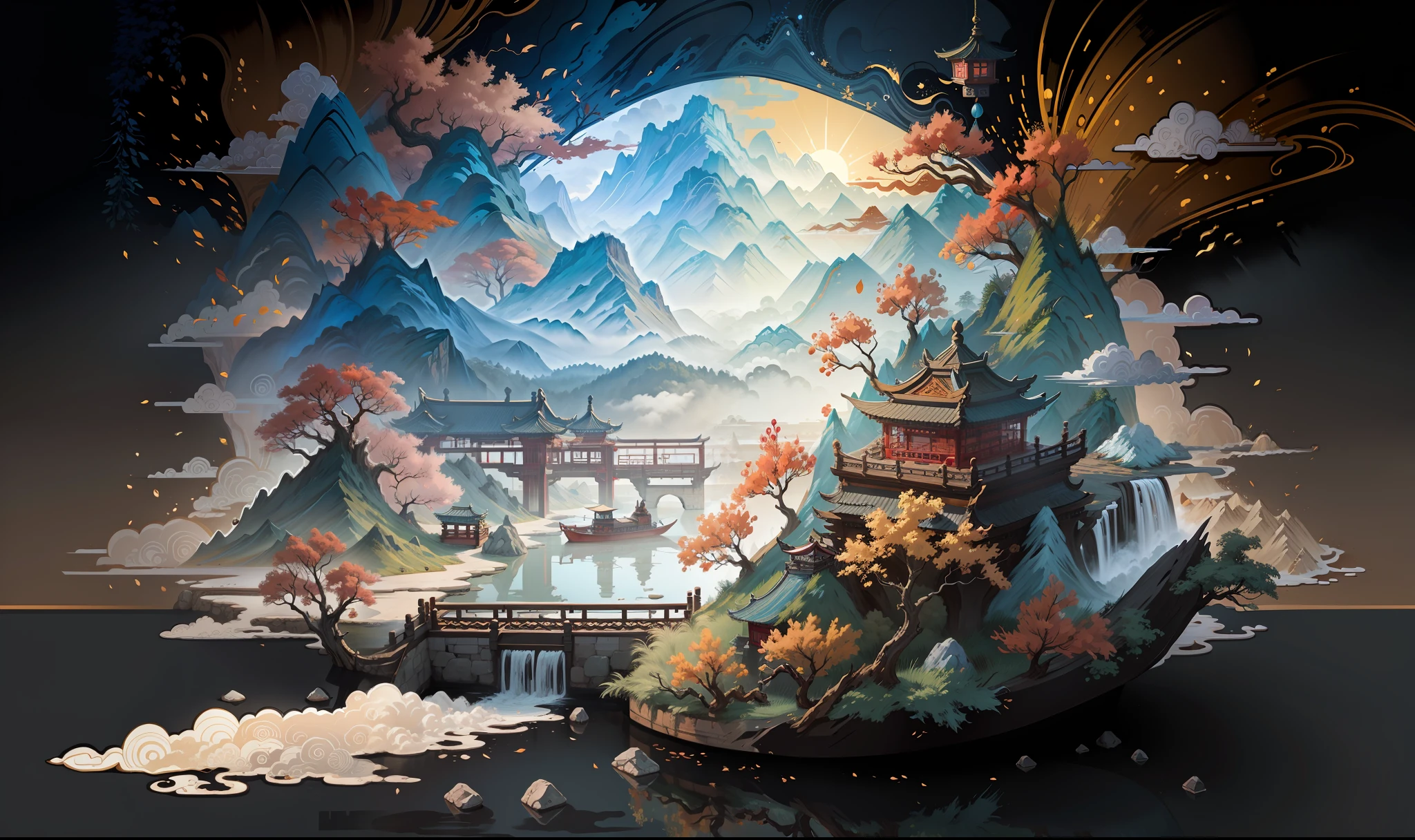 Ancient Chinese scenery, mountains, rivers, auspicious clouds, sunshine, masterpieces, super detail, epic composition, ultra HD, high quality, extremely detailed, official art, unified 8k wallpaper, Super detail, 32k -- v 6