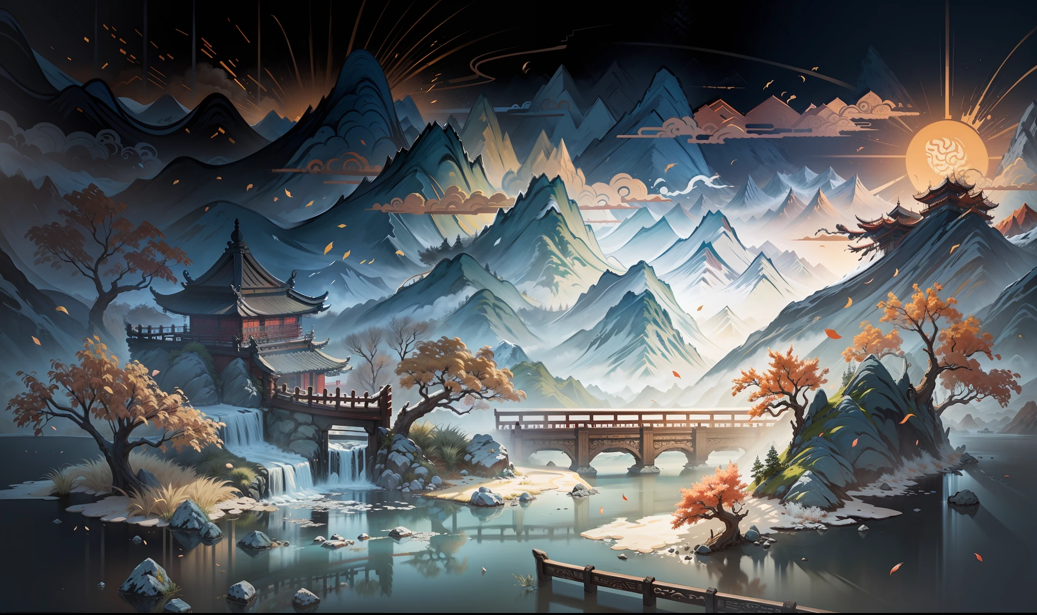 Ancient Chinese scenery, mountains, rivers, auspicious clouds, sunshine, masterpieces, super detail, epic composition, ultra HD, high quality, extremely detailed, official art, unified 8k wallpaper, Super detail, 32k -- v 6