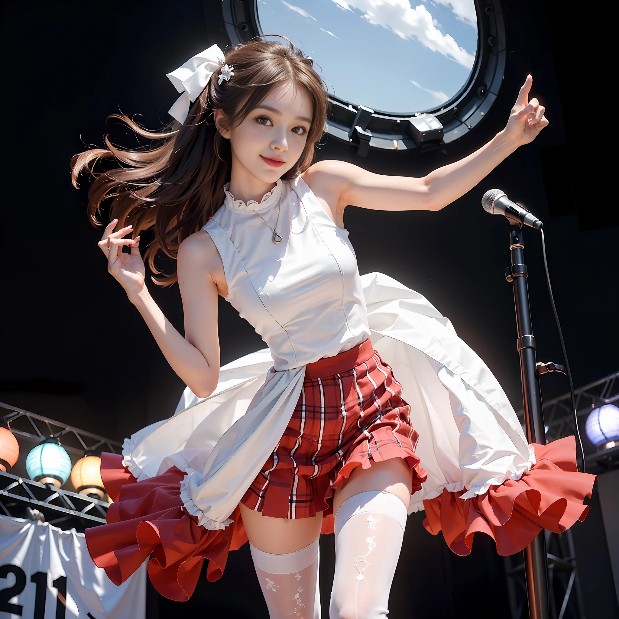 Circular image, (Representative work: 1.3), (Best quality: 1.2), (Masterpiece), High quality, High definition, (SOLO: 1.4), (Round image)), (((Fisheye)), [(White background: 1.1): 5], [(Colorful idol stage: 1): 5], , cute, floating, [(Cute idol costume in red and white: 1.2): 5] {1 girl}, {solo}, (((full body)), { {{5 fingers}}}}, ((good anatomy: 1.2)), ((red)) half twin (red and (white)), pantyhose, smile, mouth open, (random pose), watch viewer, fluffy miniskirt, plaid, ribbon, holding a microphone, ((just cute)), no exposure, perfect body, perfect number of legs