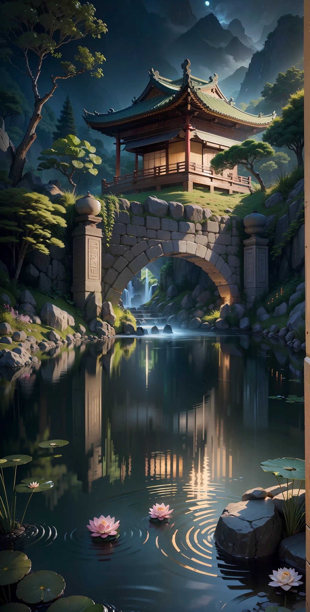 Ancient Chinese architecture, garden, bamboo, lake, stone bridge, rockery, arch, corner, rockery, tree, flowing water, landscape, outdoor, waterfall, meadow, rock, water lily, stream, lotus, moon, night view, hot springs, water vapor, (illustration: 1.0), epic composition, realistic lighting, high-definition detail, masterpiece, best quality, (very detailed CG unified 8k wallpaper), (best quality)