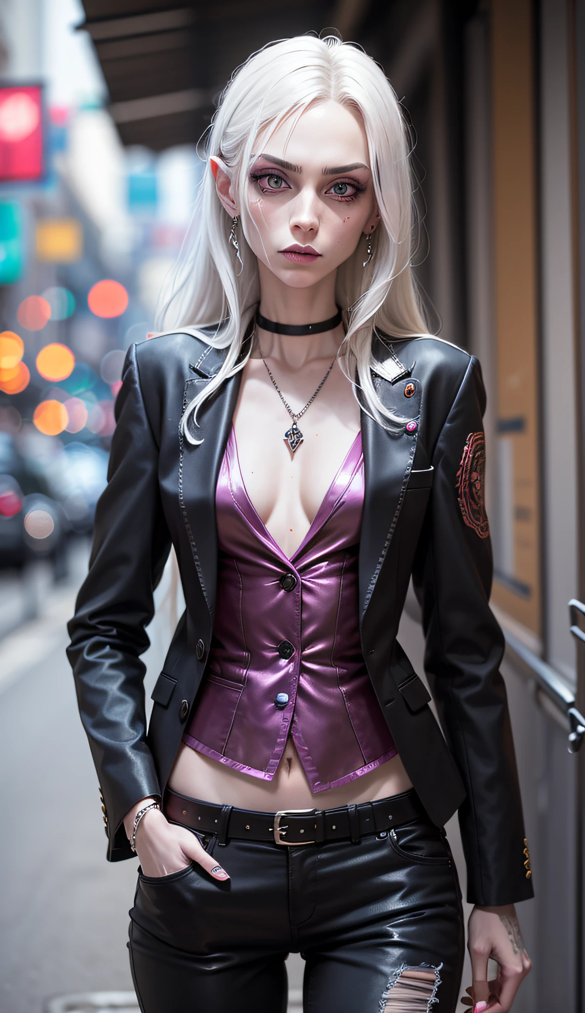 scrawny skinny hideous ugly evil sick-looking heroin-addicted white female art gallery curator wearing a gaudy suit and too much makeup, unconscious in a laneway --auto --s2
