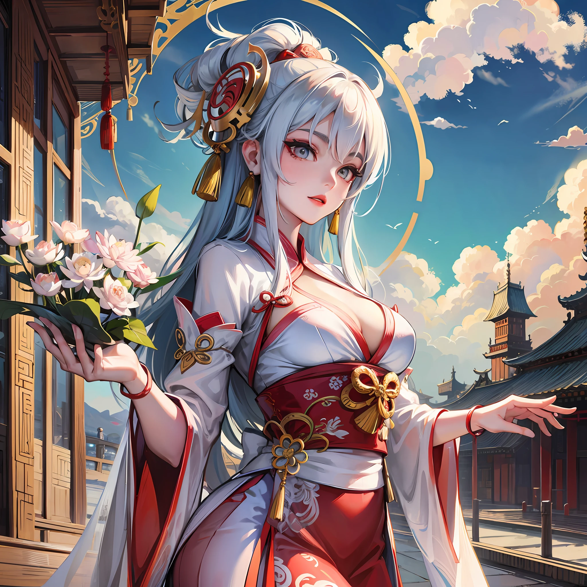 Mask, Peking Opera, CG, Reality, Realism, Breasts, Looking at the Camera, Panorama, Clouds, White Lotus, Characters --auto --s2