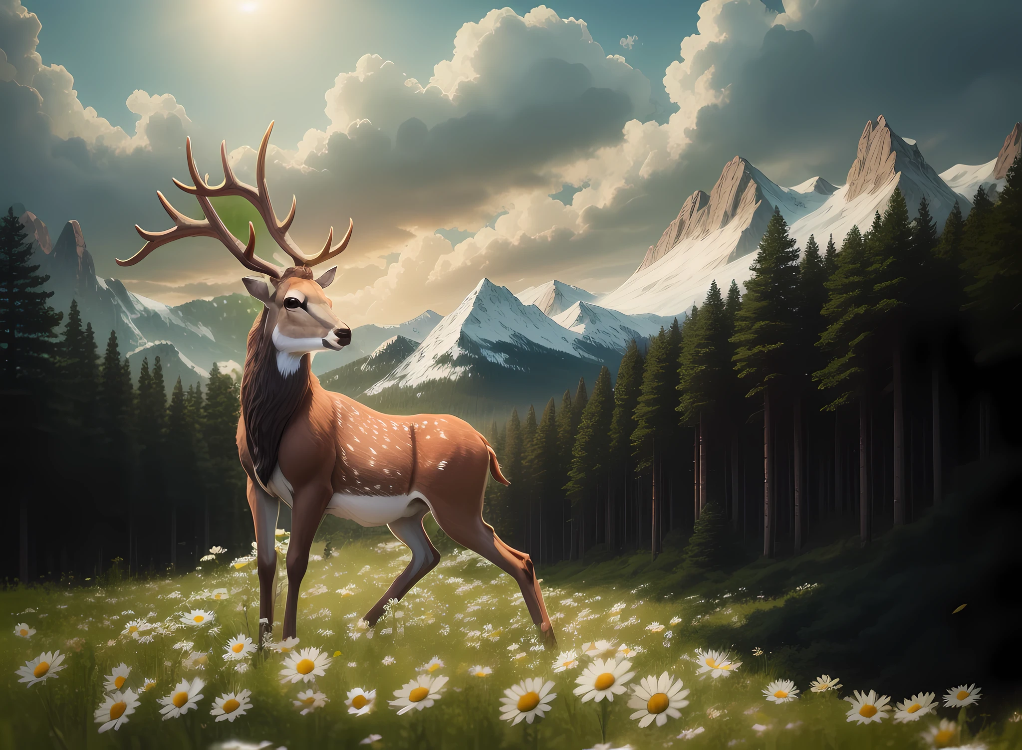 Male Deer, stands in a field of daisies, against the background of a forest of pines, mountains, pine forest --auto --s2