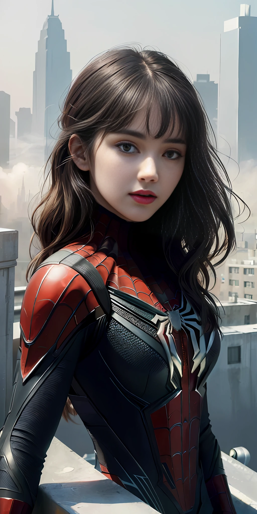 (1girl:1.3), Solo, (((Very detailed face)))), ((Very detailed eyes and face)))), Beautiful detail eyes, Body parts__, Official art, Unified 8k wallpaper, Super detailed, beautiful and beautiful, beautiful, masterpiece, best quality, original, masterpiece, super fine photo, best quality, super high resolution, realistic realism, sunlight, full body portrait, amazing beauty, dynamic pose, delicate face, vibrant eyes, (from the front), She wears Spider-Man suit, red and black color scheme, spider, very detailed city roof background, rooftop, overlooking the city, detailed face, detailed complex busy background, messy, gorgeous, milky white, highly detailed skin, realistic skin details, visible pores, clear focus, volumetric fog, 8k uhd, DSLR, high quality, film grain, fair skin, photo realism, lomography, futuristic dystopian megalopolis, translucent