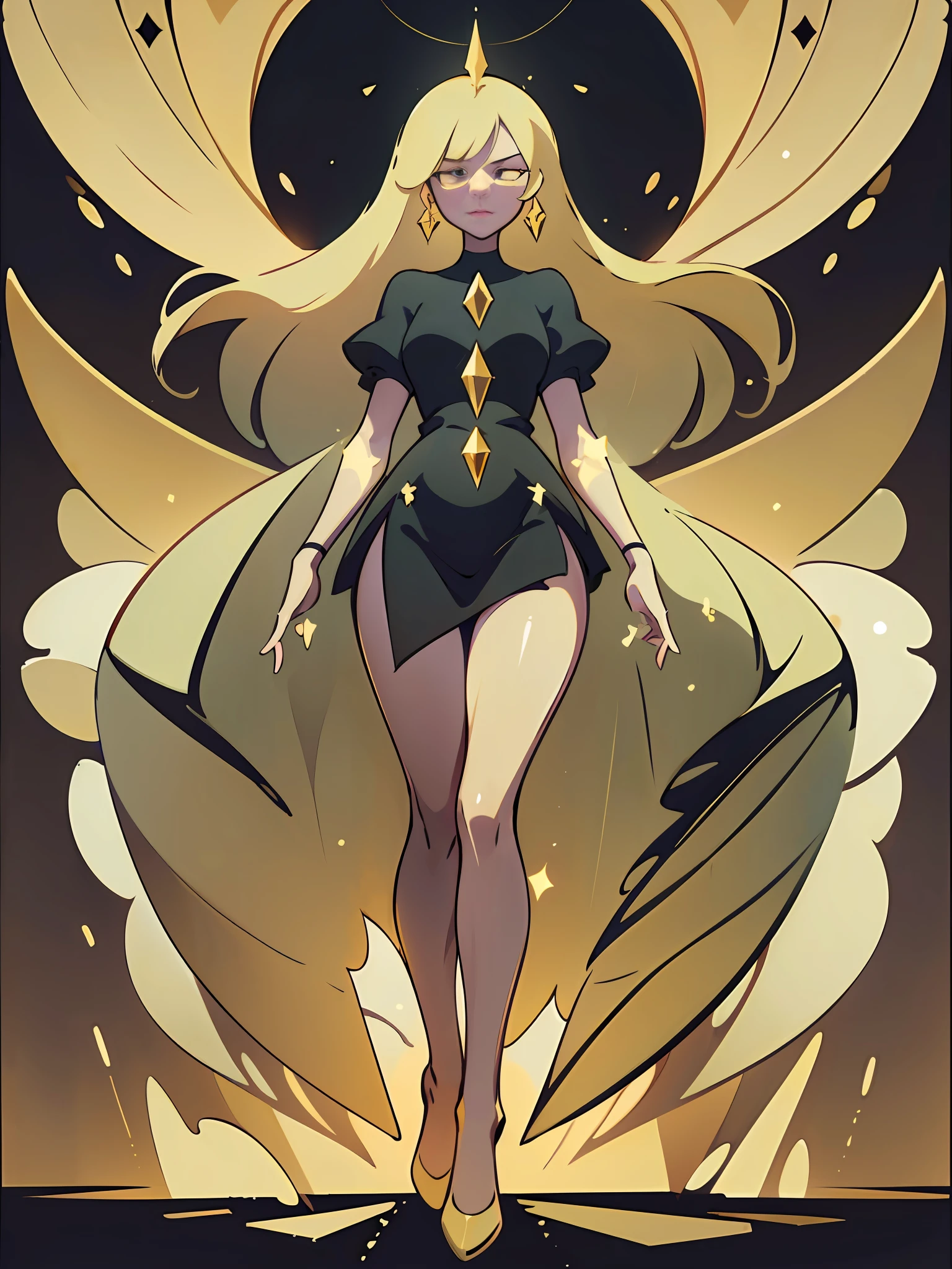 (best quality, masterpiece), 1 girl, yellow diamonds mineral, beautiful full body concept art, simple dark background, looking at viewer, gold long hair, mineral, (straight long legs:1.4), a skirt that covers the thighs, sleek glass thickness, transparent, cinematic lighting, rendering, 4K, --niji 5