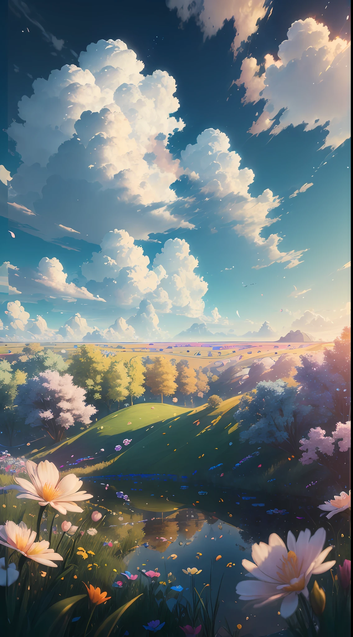 (extremely detailed CG unity 8k wallpaper, masterpiece, best quality, ultra-detailed), luminosity +1.5, floating, high saturation, a serene, idyllic grassland, featuring multicolored petals and foliage, a clear, blue sky, and white, fluffy clouds.