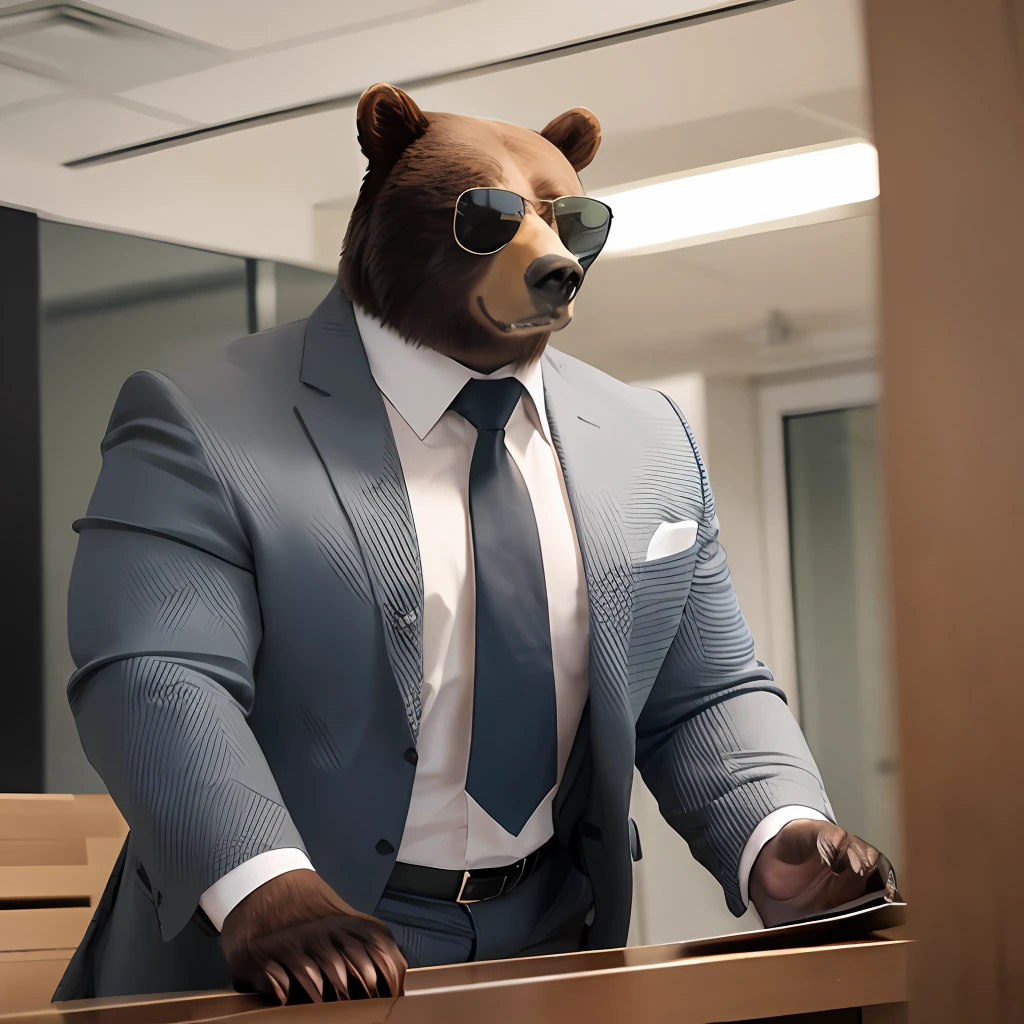 Bear in a business suit, bear hands, muscular body, bipedal wild bear, crawling around the office district, wearing sunglasses,