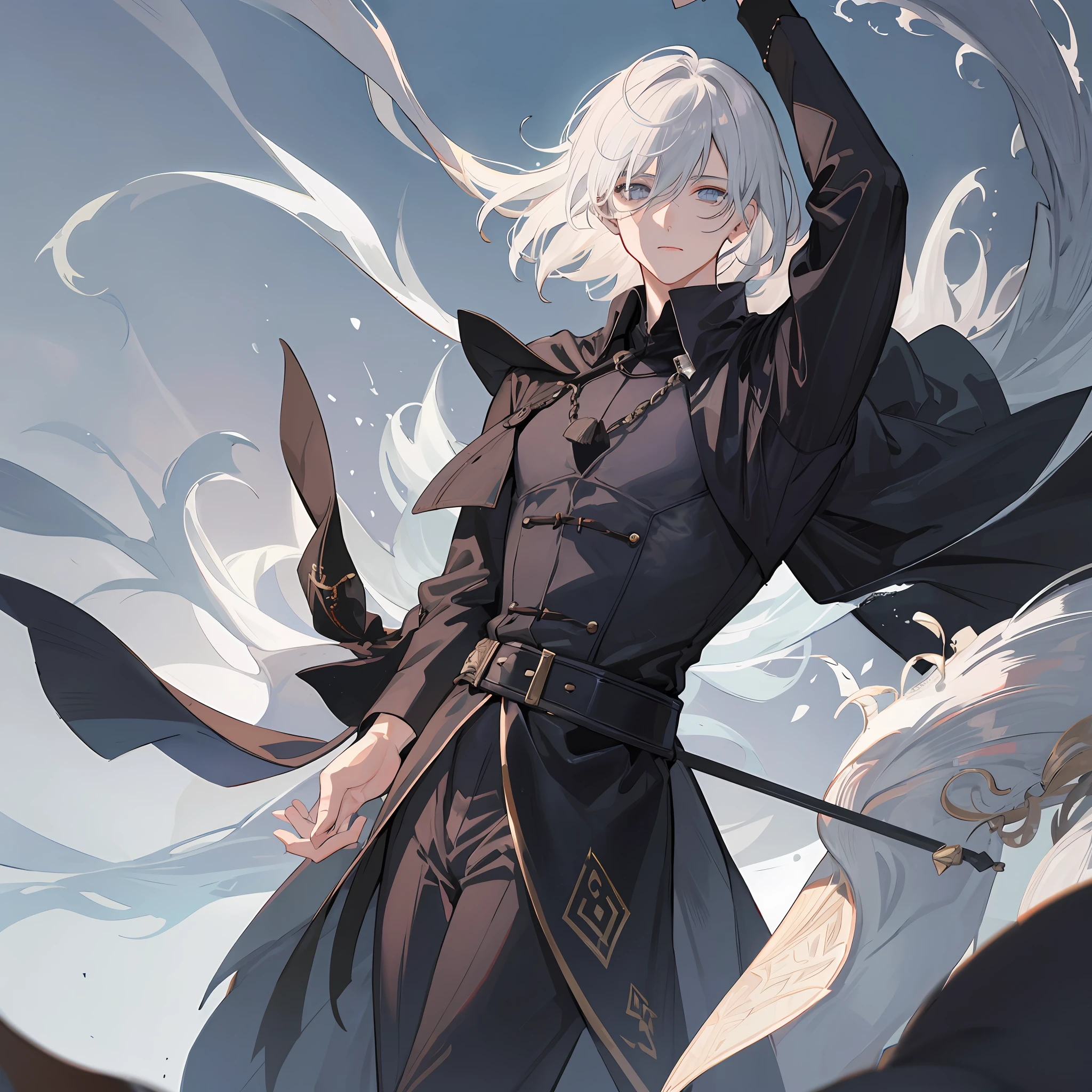Create an image of a 27-year-old adult man with dignified and charismatic gray short hair. His hair can be styled in a more natural way, perhaps partially tied or gently flowing in the wind. His eyes are black, conveying firmness and wisdom. He wears clothing that portrays a knightly vibe, although he is currently not on duty. The attire he wears is all-black, with a flowing cloak behind him, reflecting elegance and mystery.