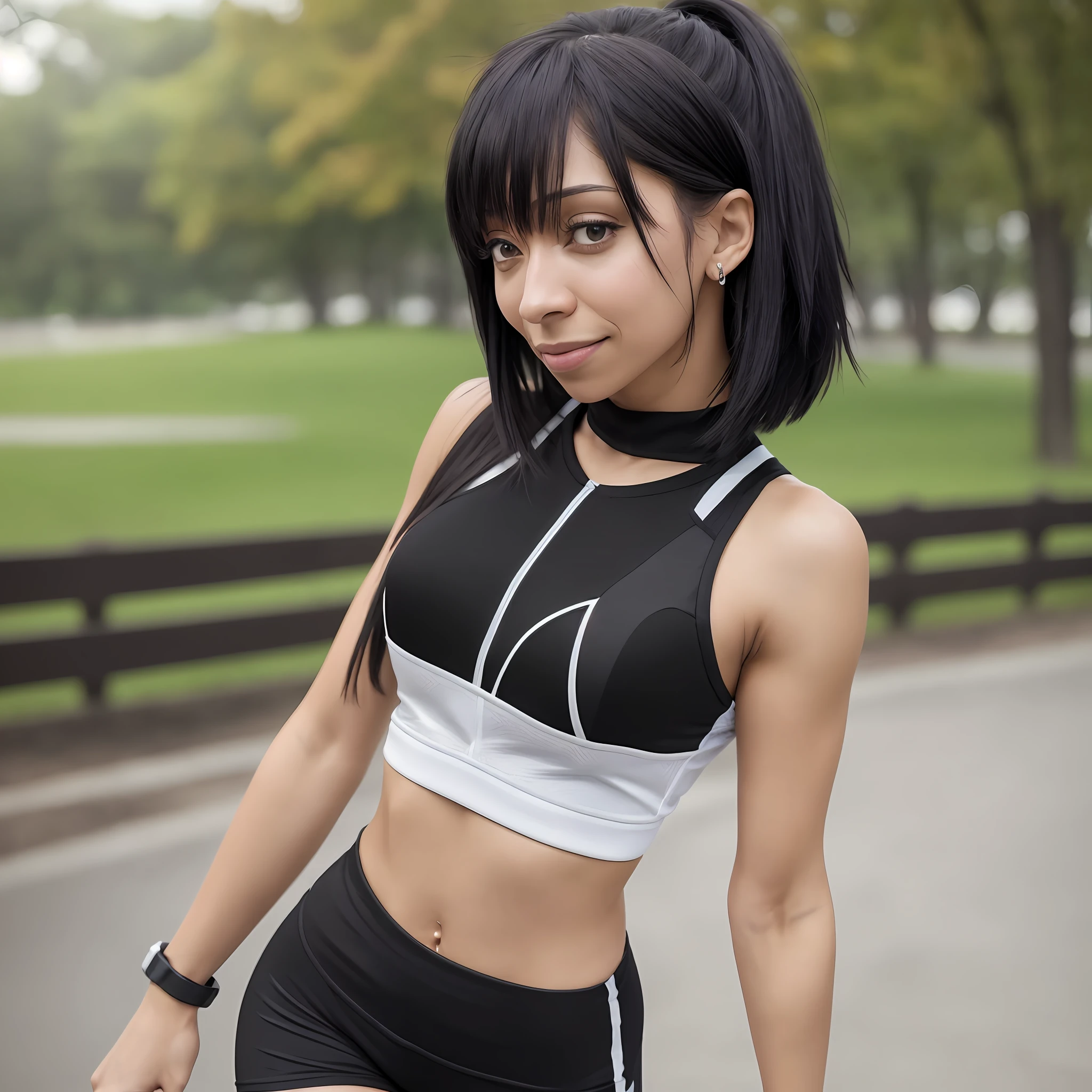 ((Tamara Taylor)), (solo), (a detailed full-body RAW photo of a girl), (masterpiece: 1), (best quality: 1.4), (ultra high resolution: 1.2), (photorealistic: 1.4), 8k resolution, Canon EOS R5, 50mm, absurd, ultra detailed, sharp focus, cinematic lighting, detailed beautiful face, (makeup: 1.2), (ulzzang-6500-v1.1), detailed skin texture, pale skin, round chest, (slim and fit body: 1.3), thigh gap, (black short straight hair:1.5), smiling,  (small white sports top, tight short sports leggings:1,4), simple sports outfit, realistically glittering skin, (cameltoe:1,5), (sweat:1,5), slim waist, seductive smile, solo, in the park --auto --s2