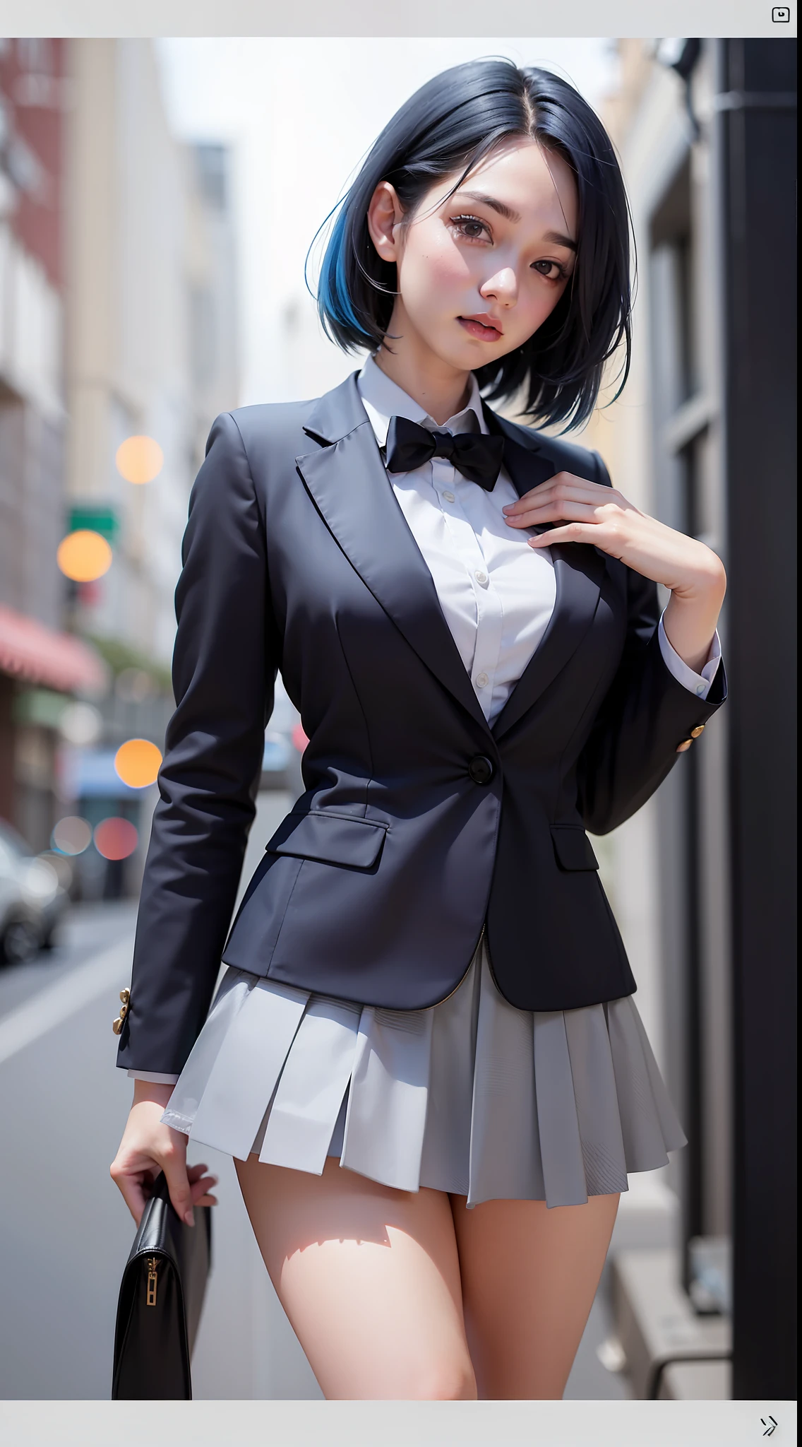 a beautiful girl with a beautiful face and blue hair. She is wearing a black formal blazer and a short skirt, showcasing her medium breasts. The scene is captured in high resolution, with photo realistic details and rim lighting. The skin is highly detailed, and the image is in 8k UHD, taken with a DSLR camera. The bokeh effect adds to the beauty of the image, which is of the best quality and a true masterpiece. The girl has the best ratio of four fingers and one thumb, and she looks cute and kawaii, like an ulzzang.