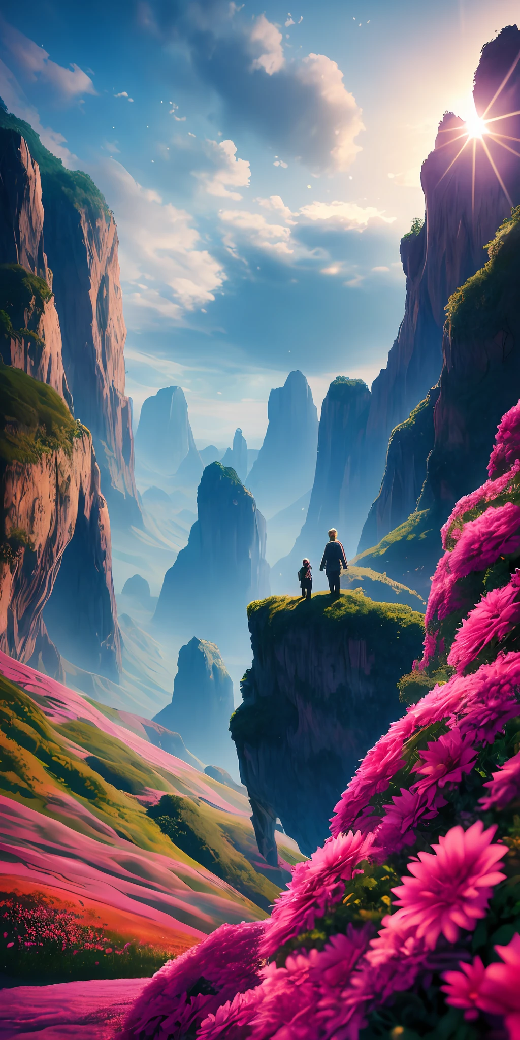 Masterpiece, best quality, high quality, extremely detailed CG unity 8k wallpaper, landscape, outdoor, sky, clouds, sky, no humans, cliffs, landscape, trees, blue sky, cliffs, nature, large sea of red flowers in the valley, sea of flowers spreading into the distance, sealed blowing petals, cloudy sky, award-winning photography, bokeh, depth of field, HDR, bloom, chromatic aberration, realism, very detailed, trends on artstation, trends on CGsociety, intricacies, high detail, Theatrical, midjourney art