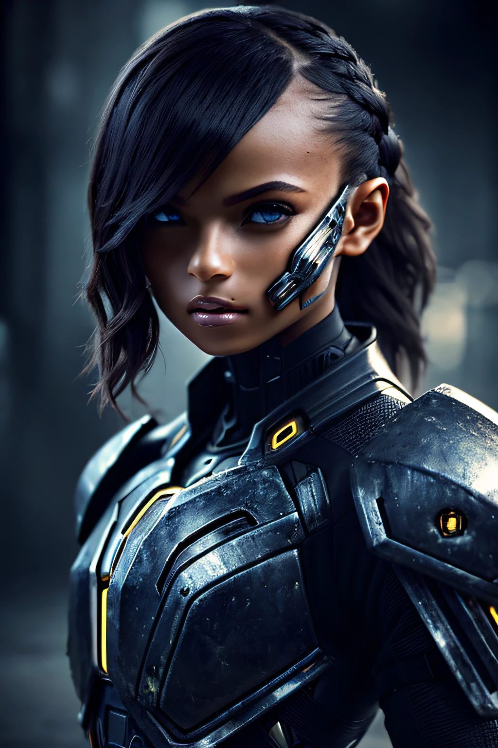 a cute little girl cyborg warrior in the Style-RustMagic, cyberpunk augmentation, cyberware, cyborg, carbon fiber, chrome, implants, metal skull, cyber plate armor, (dark atmosphere:1.2), (fog & smoke), (dark night:1.3), scars, (dark medium length disheveled hair:1.1), (eyeshadow:1.1), (beautifully detailed glow:1.2), (Cinematic lighting), intricate detail, highres, rounded eyes, detailed facial features, sharp focus, smooth, aesthetic, detailed dark industrial factory background, stylish pose, dynamic pose, (dramapaint), (opt-6000:0.9)
