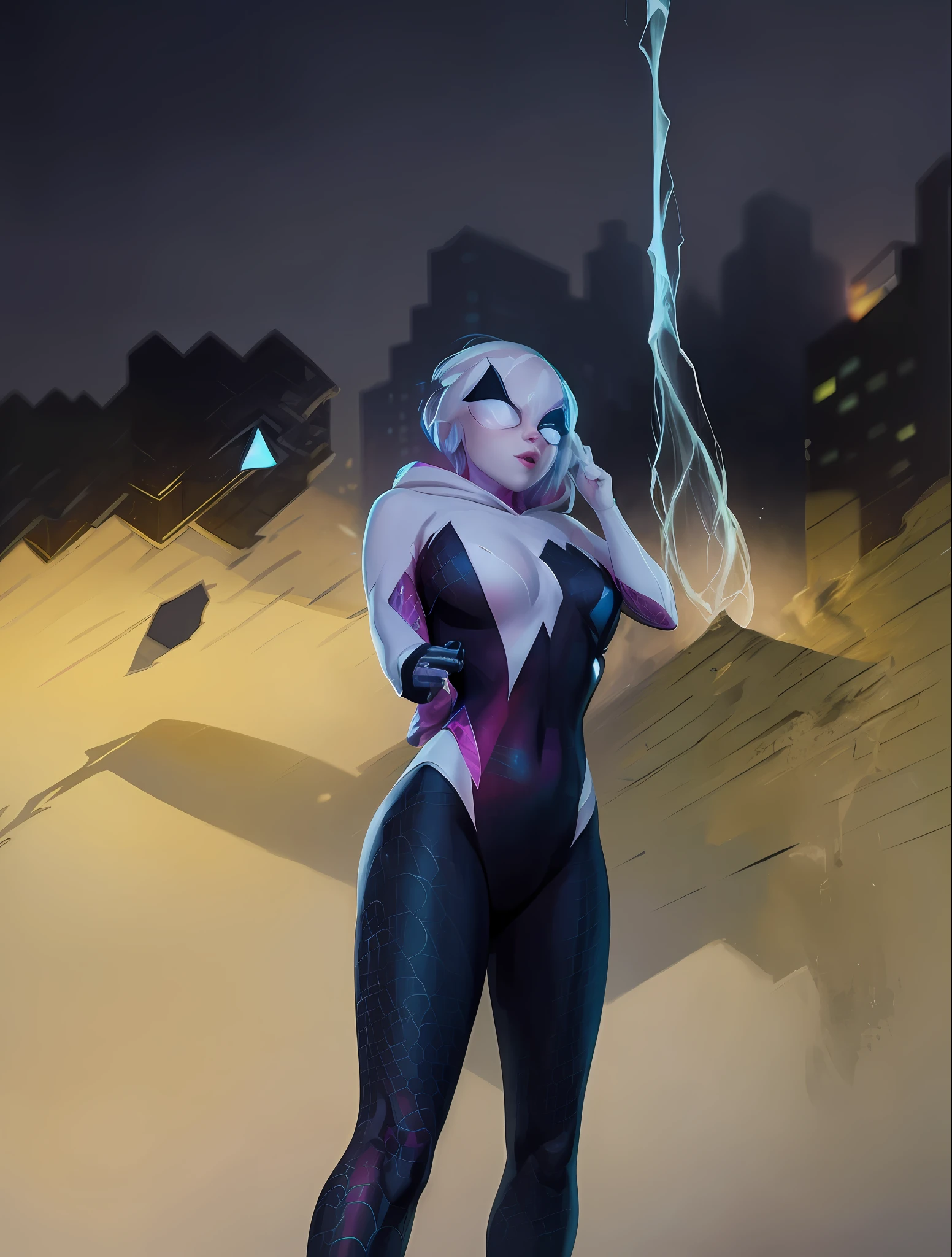 ghost spider, gwen in a black outfit with spider in the center of his chest in white, organic looking outfit, gooey forehead, symbiote, white eyes, fine art, ps5 cinematic screenshot,highly detailed detailed cinematic rendering, ultra photorealistic raytricing, with cinematic lighting