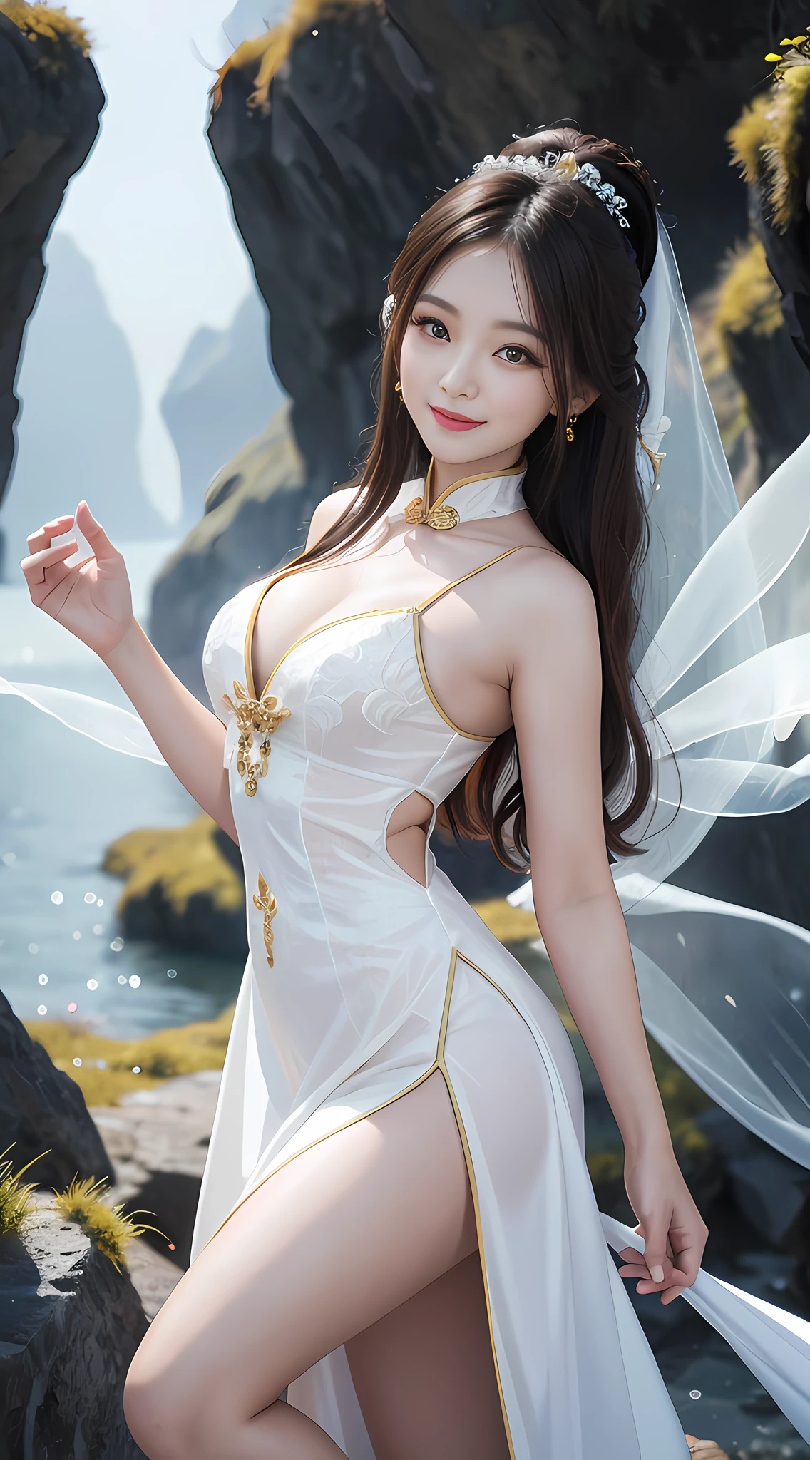 Super beautiful Chinese woman in white fairy dress, smiling, perfect body, charming figure, extreme fantasy background